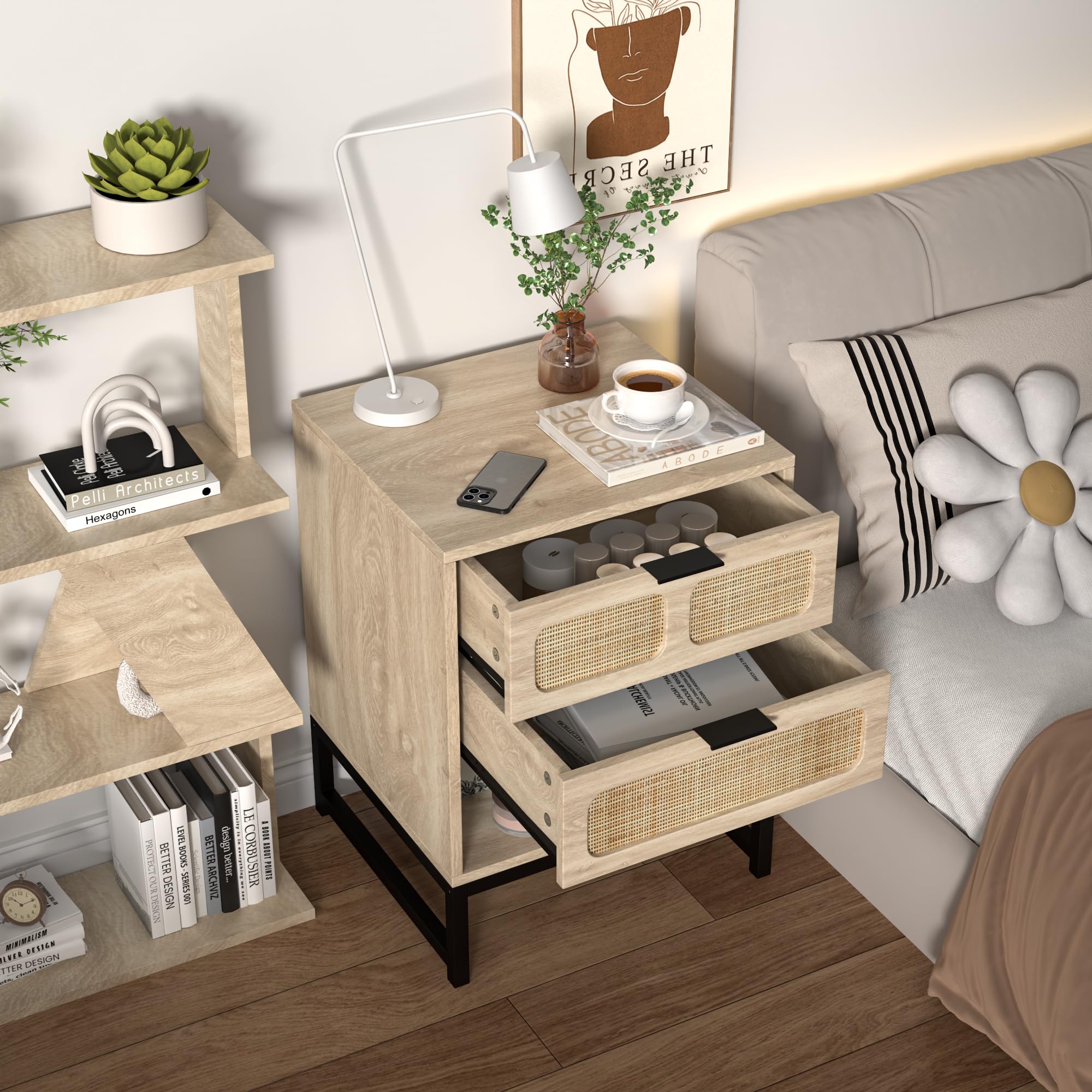 Boho Rattan 3-Piece Bedroom Set with 6-Drawer Dresser & Nightstand - Natural Woven Storage Cabinet Furniture Set for Master Bedroom, Guest Room, or Apartment Decor