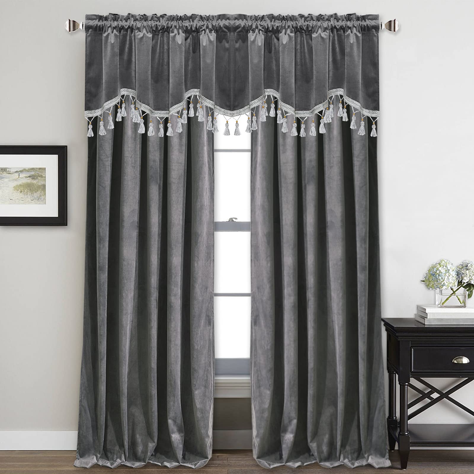 Premium Blackout Velvet Valance Curtains - Scalloped Edge with Tassel Trim, Luxury Window Treatment for Kitchen & Bathroom, 52