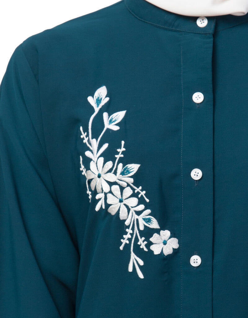 Elegant Teal Arabic Front Open Side Embroidered Contrast Button Abaya Dress for Women - Perfect for Eid, Weddings & Special Occasions