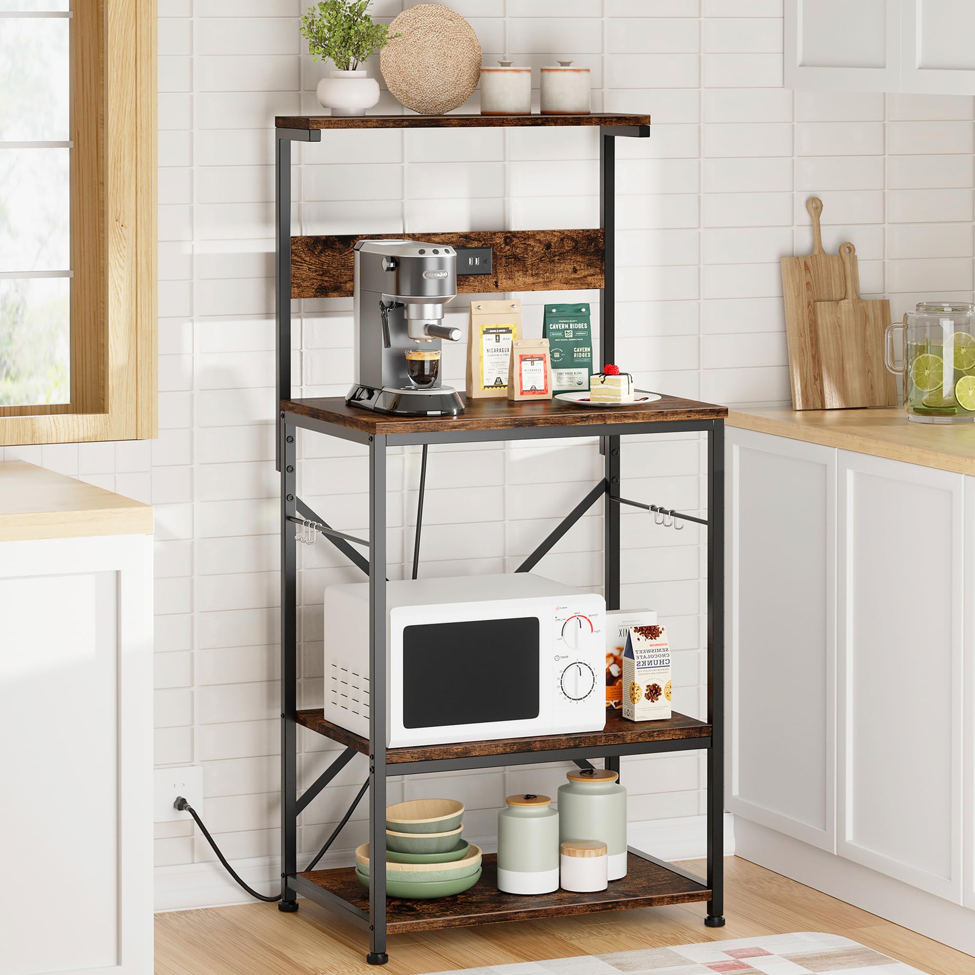 JAMFLY 4-Tier Kitchen Bakers Rack with Power Outlet & 6 S-Hooks - Microwave Stand, Coffee Bar Organizer, Rustic Brown - Perfect for Small Kitchens, Apartments & Coffee Stations