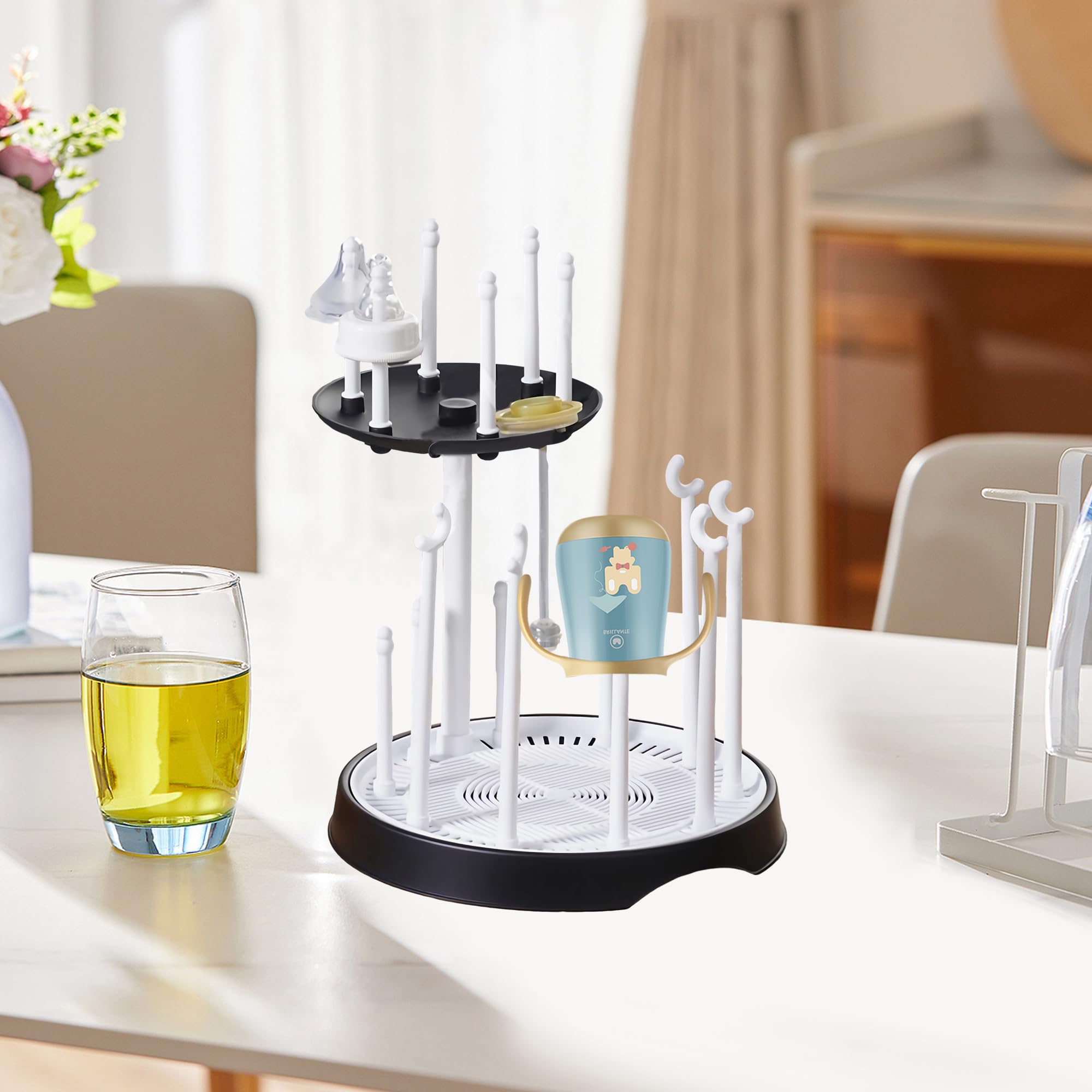 Double-Layer Baby Bottle Drying Rack - Holds 16 Bottles | Space-Saving Nursery & Kitchen Organizer | Perfect for Breastfeeding Moms & Daycare Use (Black & White)