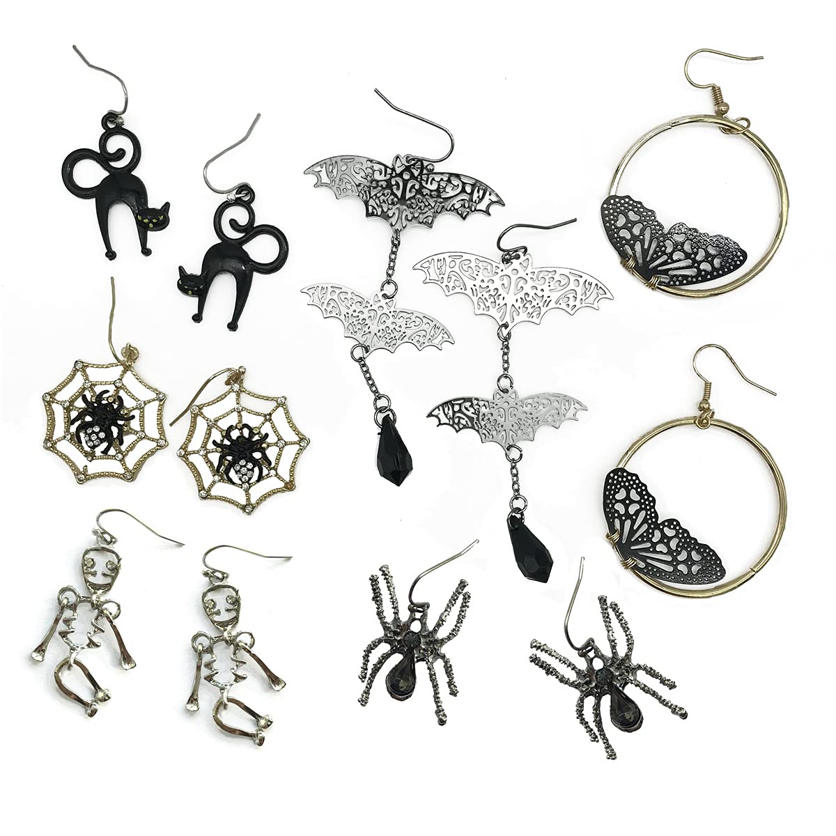 6 Pairs Halloween Earrings Set - Skeleton, Ghost, Spider, Black Cat, Butterfly & Bat Dangle Drop Earrings for Women | Gothic Jewelry for Halloween Parties, Horror Themes & Funny Gifts | Perfect for Costume Accessories, Cosplay & Spooky Events