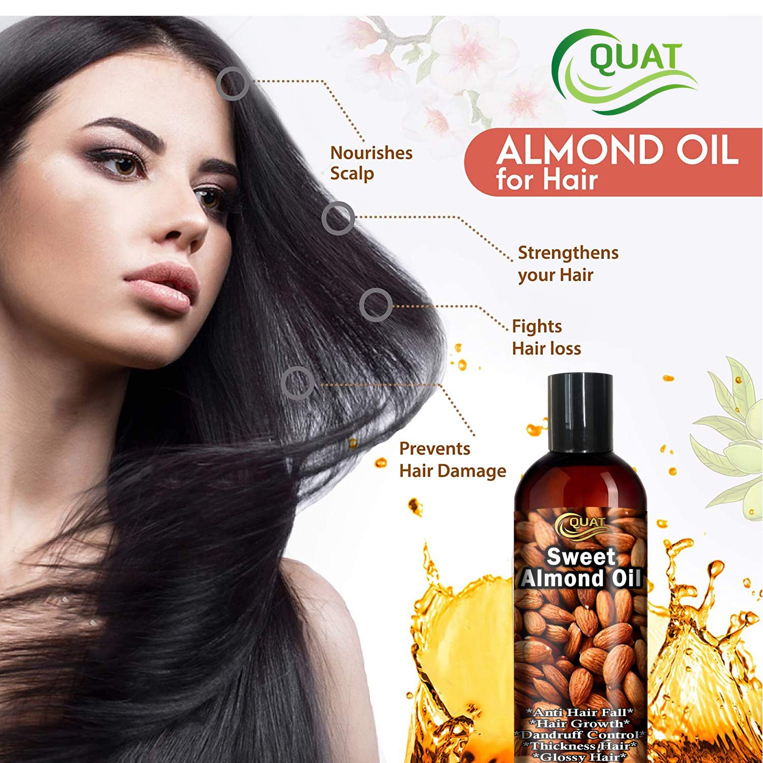 Quat Effective Sweet Almond Hair Oil for Hair Growth, Dandruff Control & Thick Shiny Hair - 200ml | Natural Scalp Treatment for Dry Damaged Hair | Perfect for Daily Hair Care & Styling