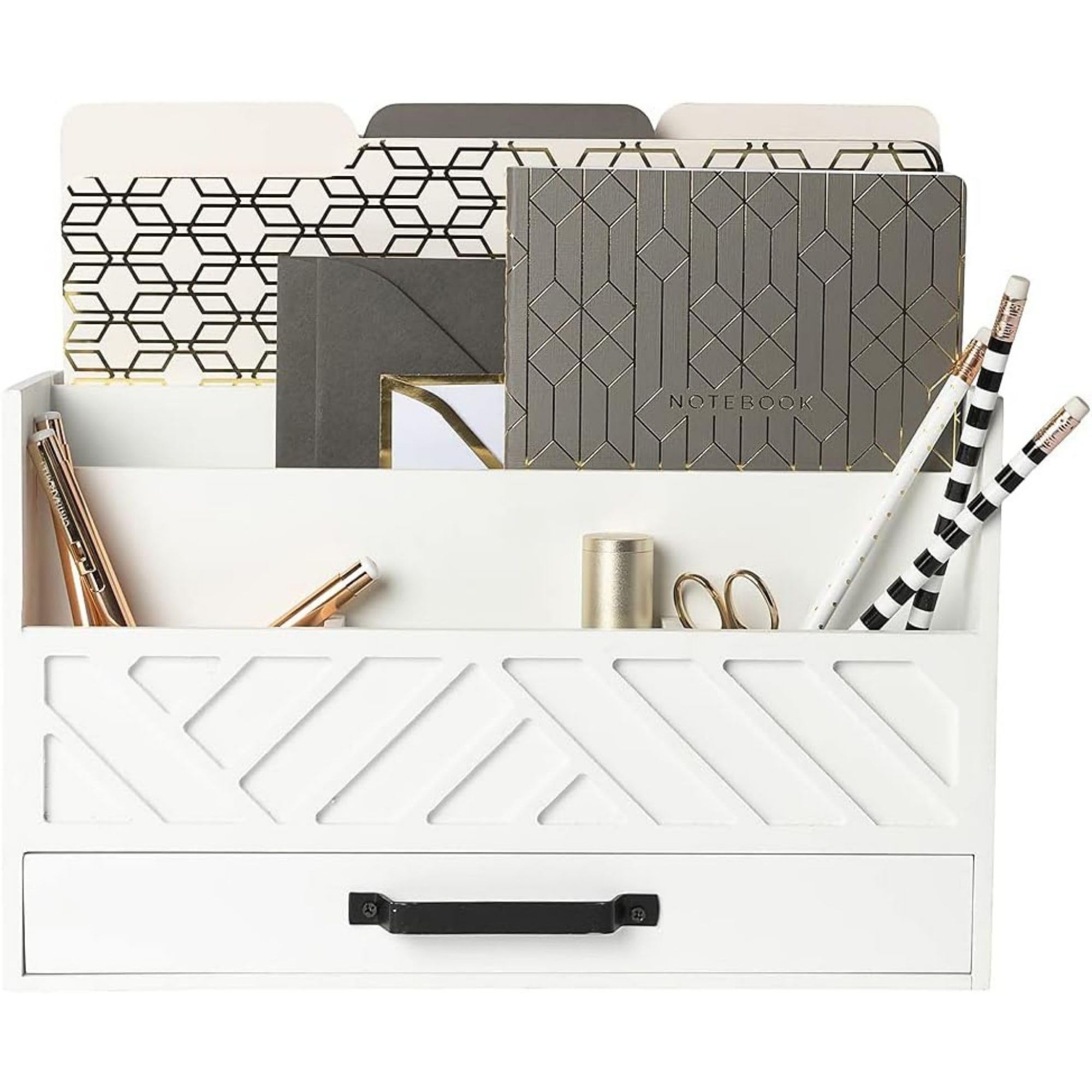 BLU MONACO White Wood Mail Organizer - Countertop Desk Storage with Drawer - Farmhouse Style Mail Sorter & Bill Holder - Perfect for Home Office, Kitchen Counter or Entryway Organization
