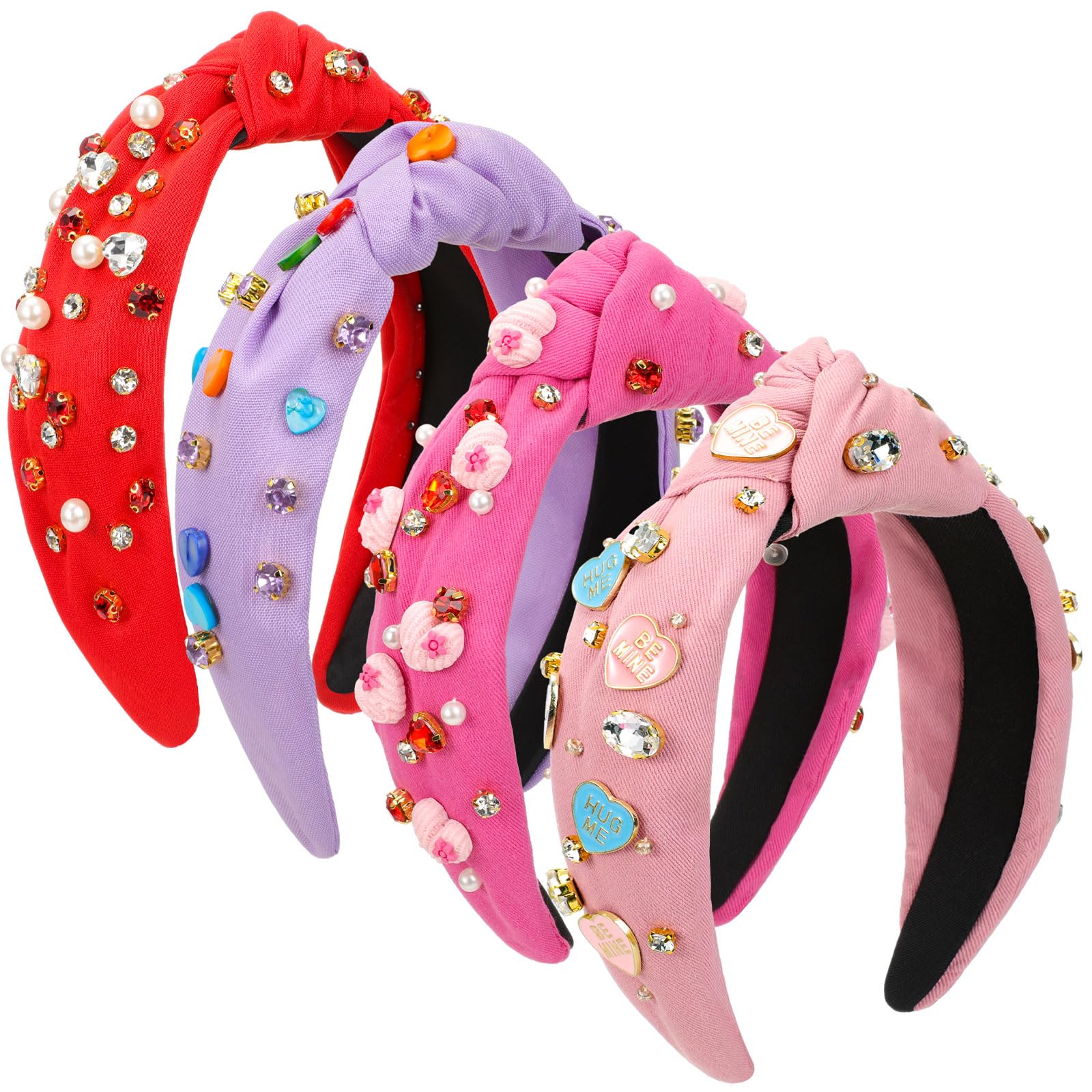 4 Pack Valentines Day Knotted Headbands for Women - Pearl Crystal Gemstone Heart Shape Jewelry Hair Accessories, Fashionable Retro Headbands for Valentine's Party & Dating | Perfect for Valentine's Gifts, Bridal Showers, Date Nights and Special Occasions