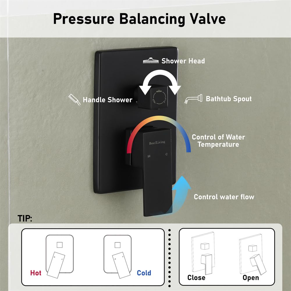 Premium 12 Inch Rainfall Shower System - High Pressure Matte Black Shower Head with 3 Functions (Wall Mounted) for Spa-Like Bathroom Experience