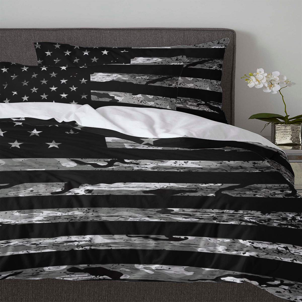 3 Piece Camo Duvet Cover Set Twin Size - Lightweight Soft Comforter Cover with 2 Pillow Shams | Patriotic US Flag Design Bedding for Boys Room, College Dorm & Military Themed Bedroom Decor