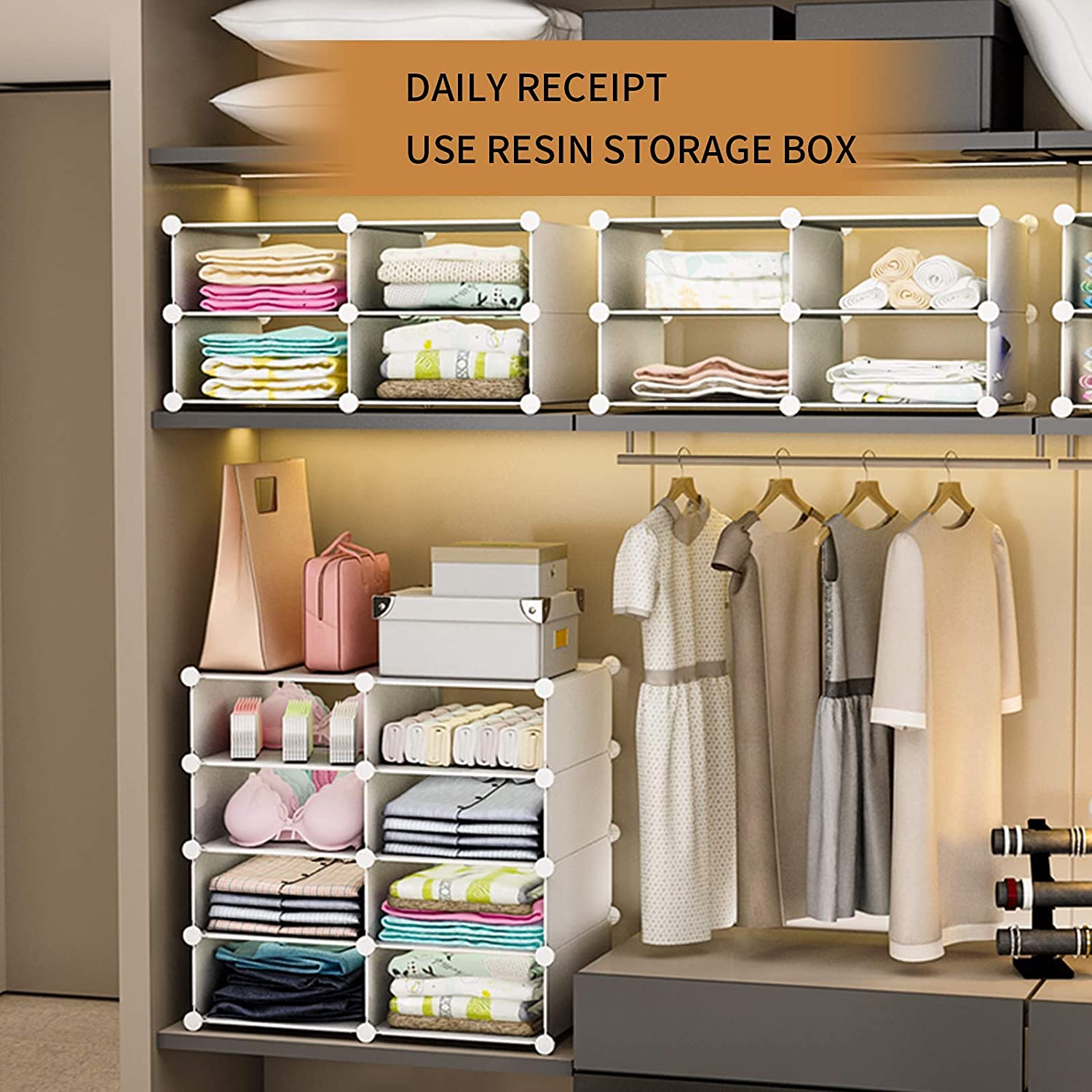 Aeitc 6-Shelf Stackable Closet Organizer - Adjustable Space Saving Storage Shelf for Clothes, Shoes & Accessories - White (18 Sections) - Perfect for Bedroom, Walk-in Closet & Small Space Organization