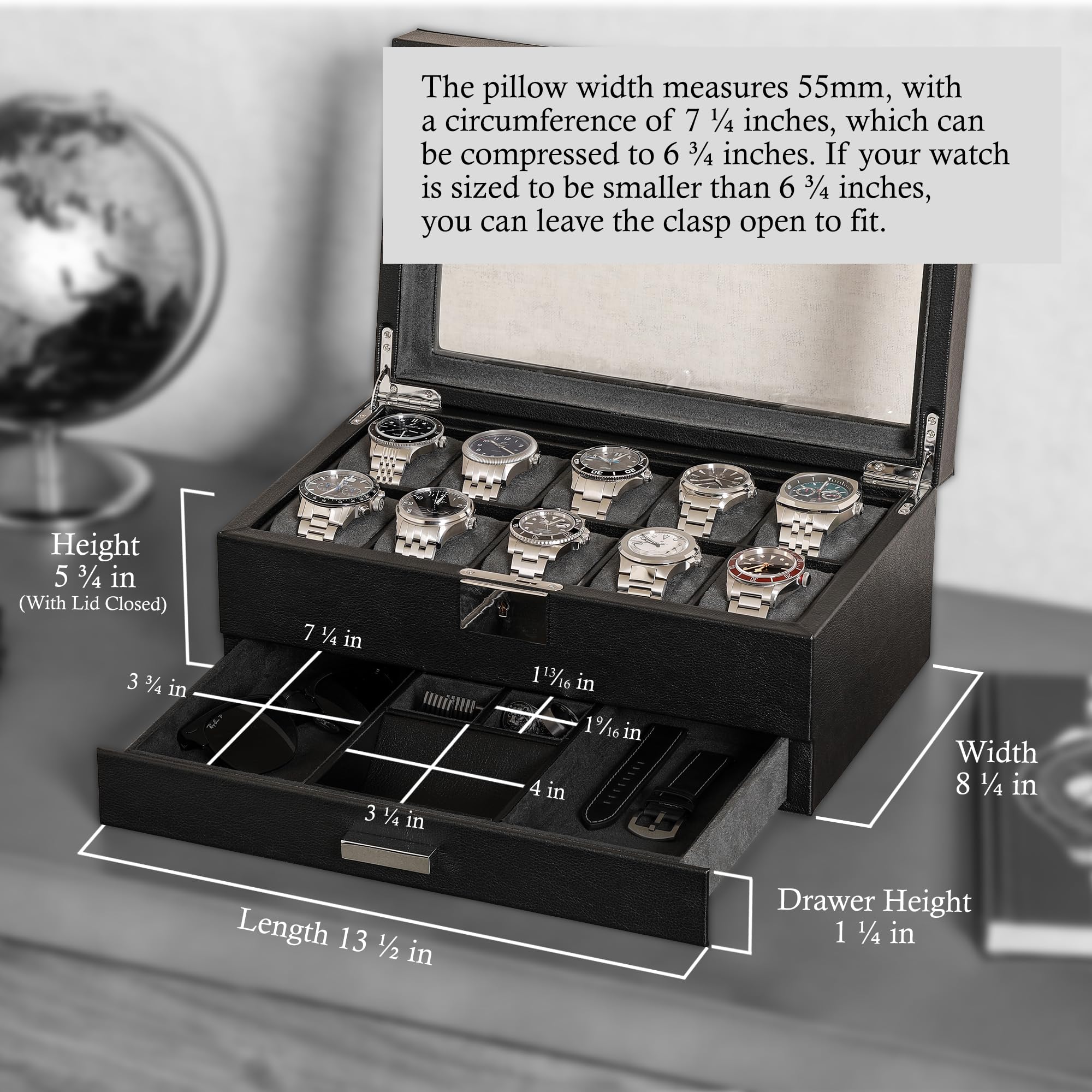 ROTHWELL 10-Slot Leather Watch Box with Valet Drawer - Luxury Watch Case Organizer with Ultra Soft Microsuede Liner, Jewelry & Sunglass Storage - Large Glass Top Display (Black/Grey) - Perfect for Watch Collectors & Gift Giving