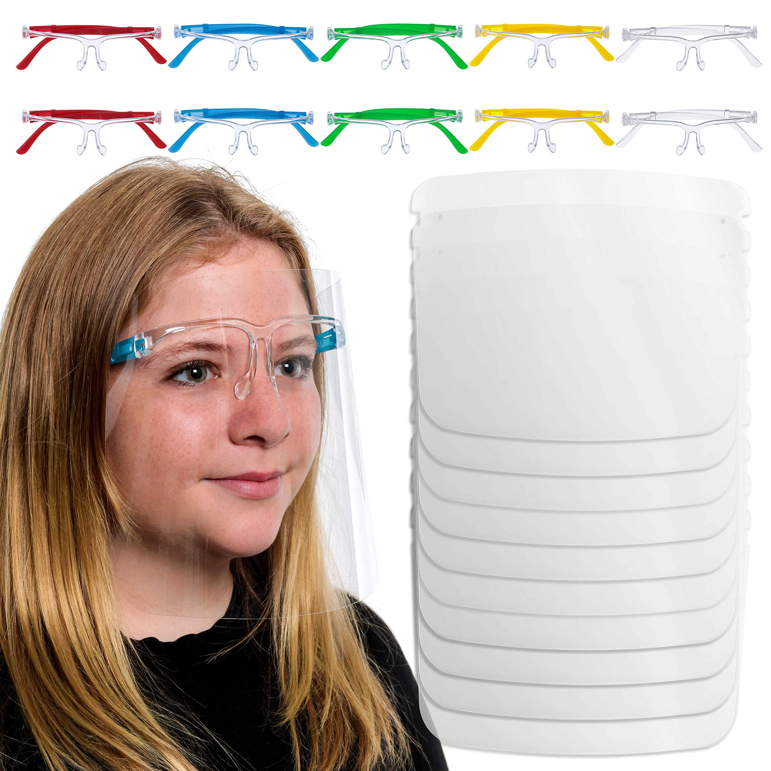 TCP Global Salon World Safety Kids Face Shields with Glasses Frames (10-Pack) - 5 Colors, 2 Each - Anti-Fog PET Plastic Protective Face Shield for Children - Eye, Nose & Mouth Protection - Perfect for School, Playground & Indoor Activities
