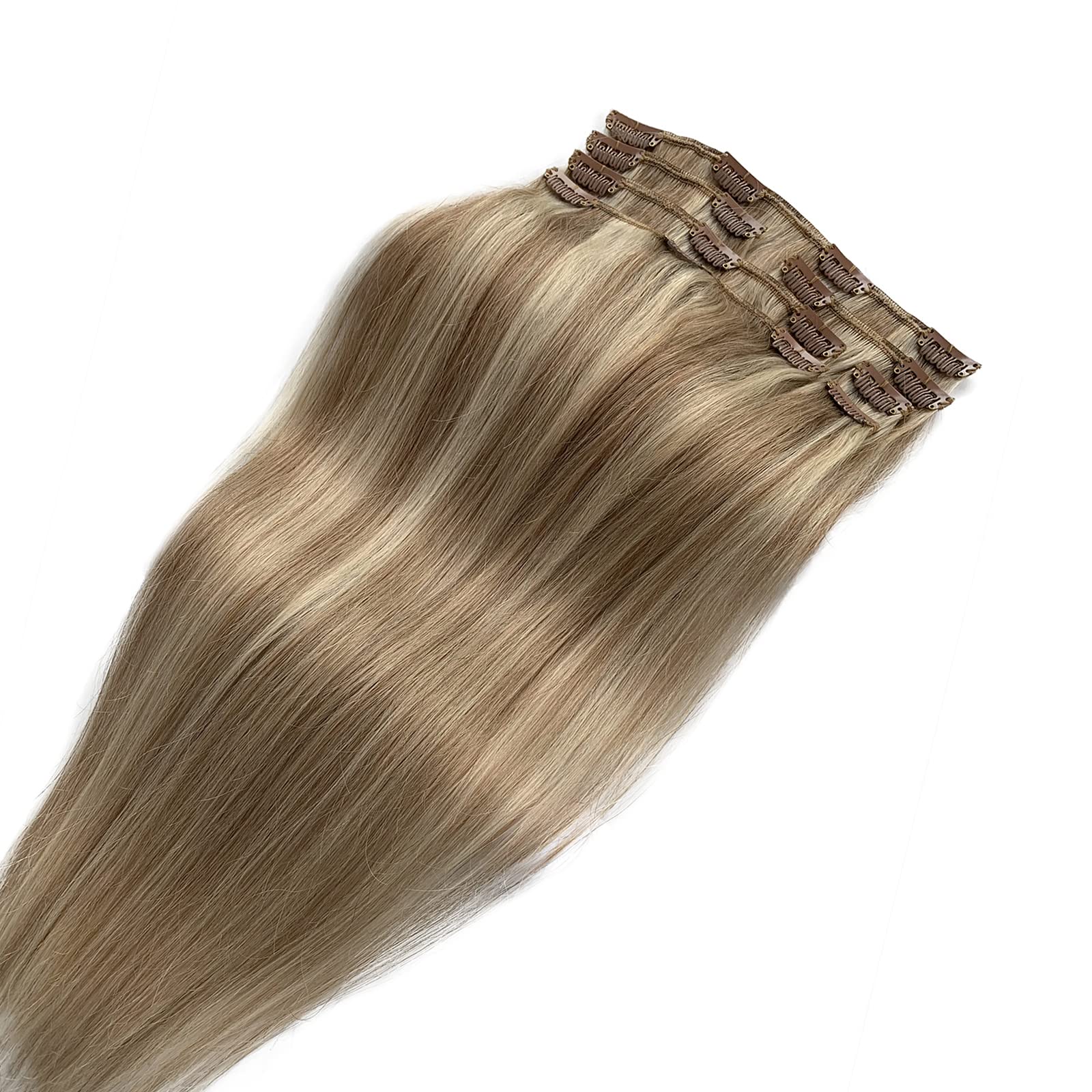 15 Inch Clip in Hair Extensions - Natural Straight Human Hair Blend (Platinum Blonde & Ash Brown Highlights) - 7pcs 70g Set for Women | Perfect for Volume Boost, Styling & Special Occasions