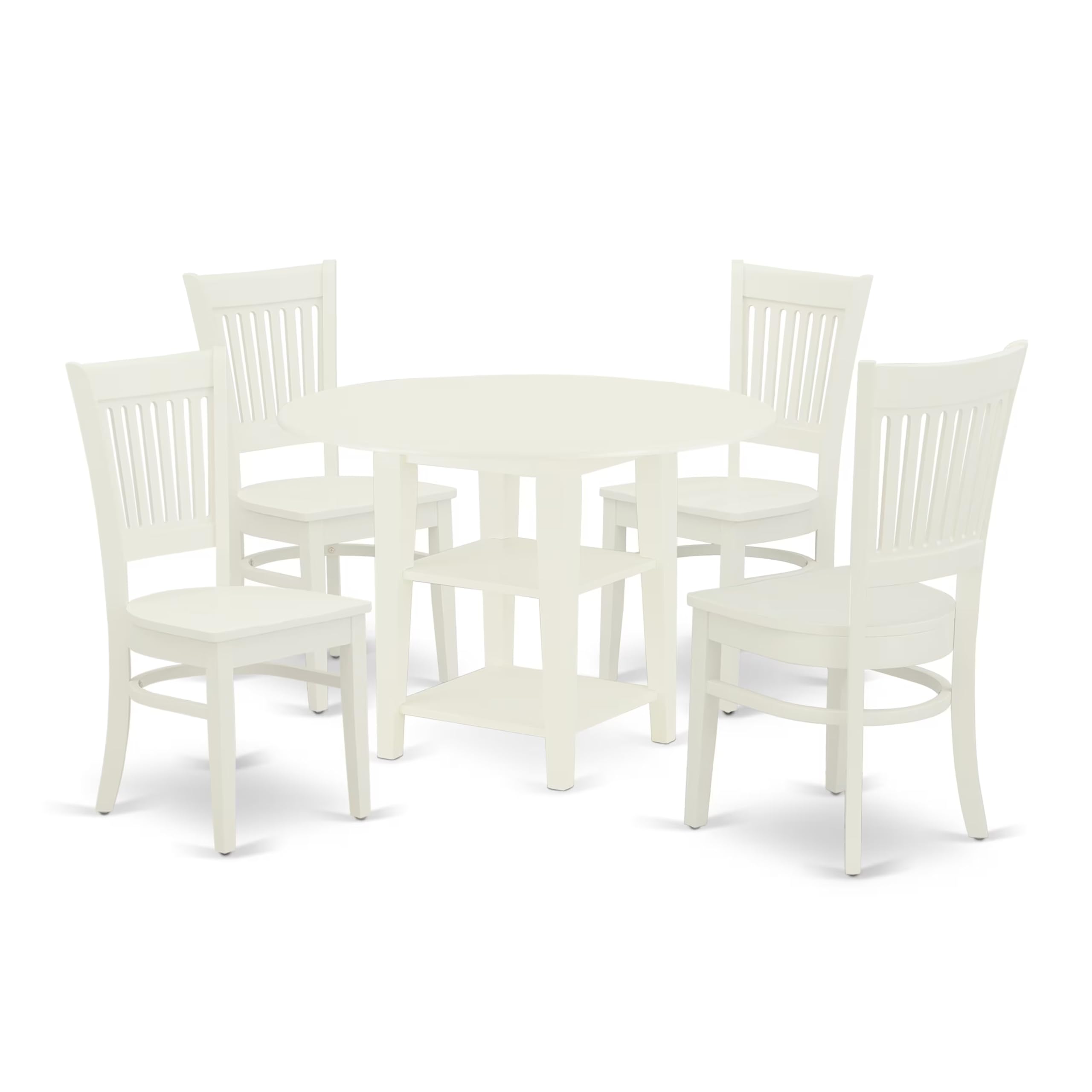 East West Furniture SUVA5-LWH-W 5-Piece Round Dining Table Set for 4 with Drop Leaf & Storage Shelves - 42x42 Inch Linen White Kitchen Table & Chairs - Perfect for Small Spaces, Breakfast Nooks & Cozy Family Meals