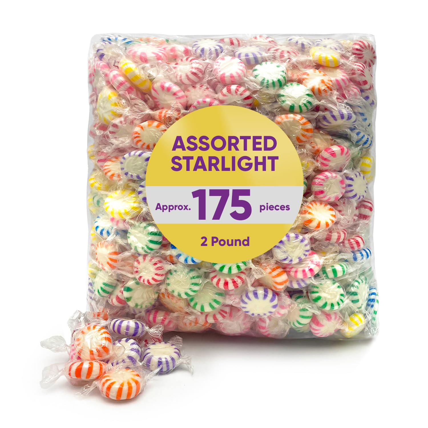 Assorted Fruit Flavored Starlight Hard Candy - 2lb Bulk Pack (175 Pieces) - Individually Wrapped Holiday Candy Variety for Christmas, Parties & Gifts - Cherry, Lemon, Orange & Grape Flavored Hard Candies for Office, Home & Events