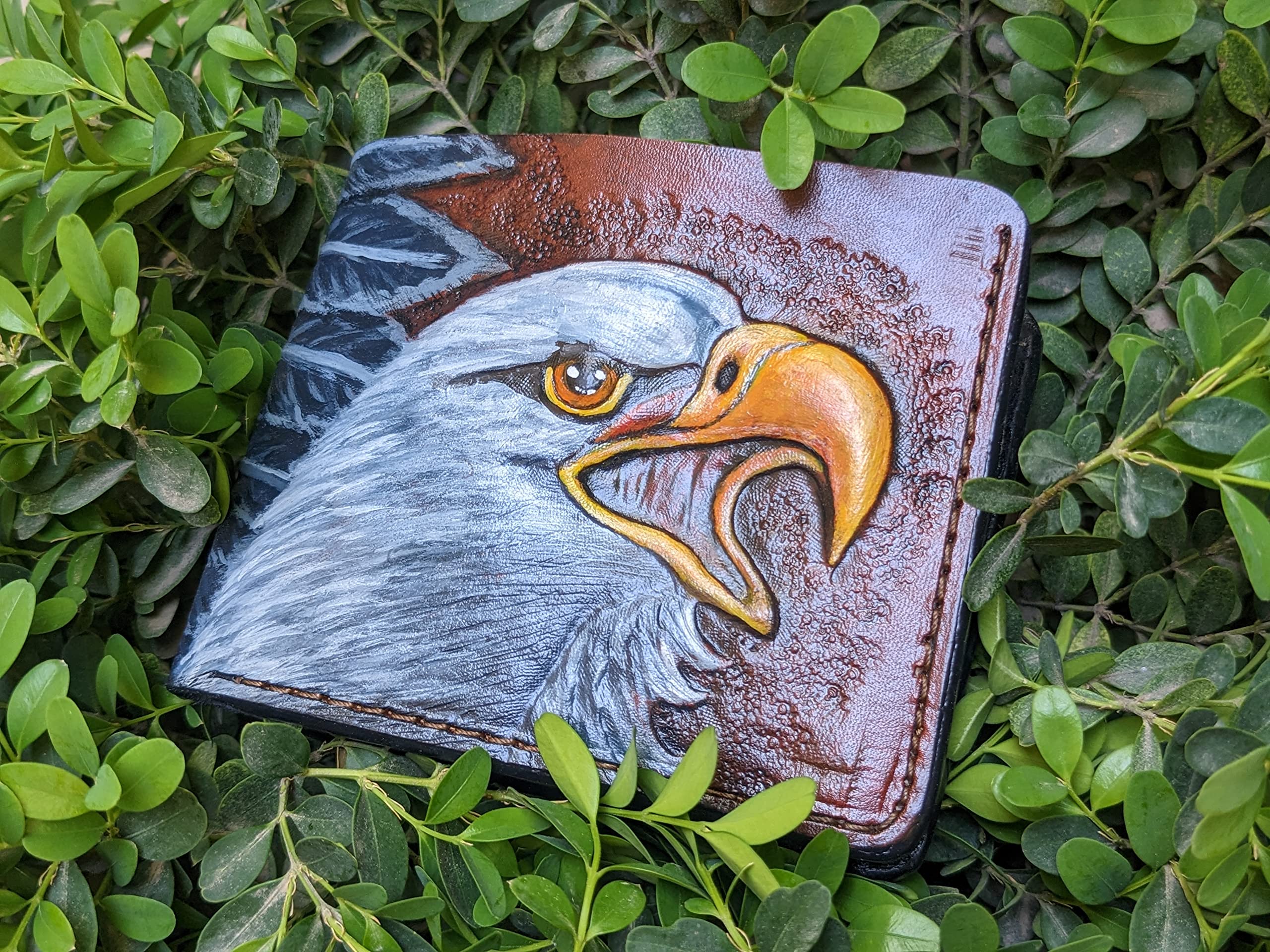 Authentic 3D Handmade Genuine Leather Bifold Wallet - Bald Eagle & Native American Chief Carved Design - Patriotic Airbrush Art Custom Men's Wallet for Everyday Use & Gift Giving