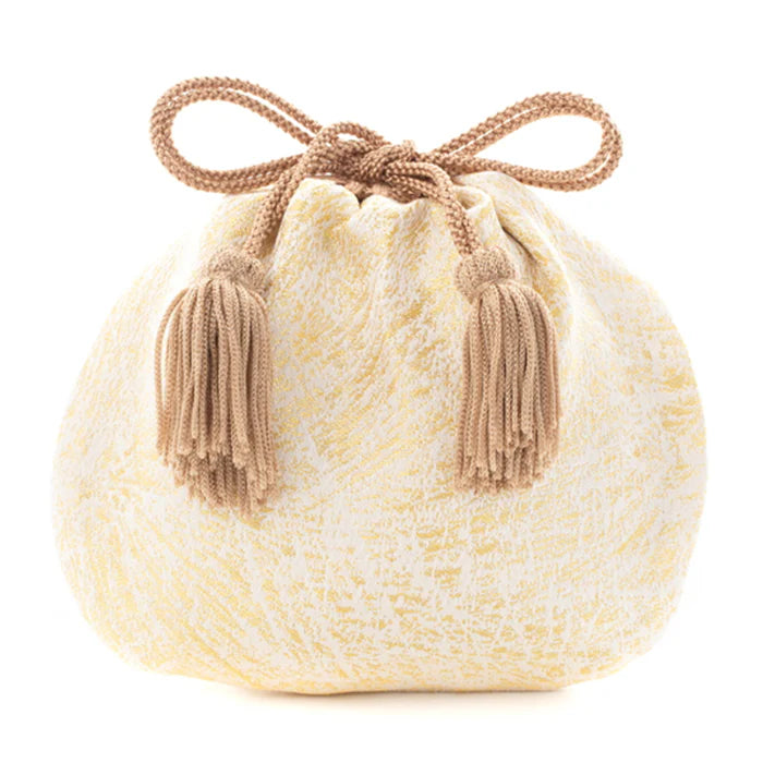Nishijin Ori Small Drawstring Bag - Crumpled Gold & White Pattern - Handmade Kyoto Japan - Traditional Japanese Craft Purse for Coins, Jewelry & Gift Giving