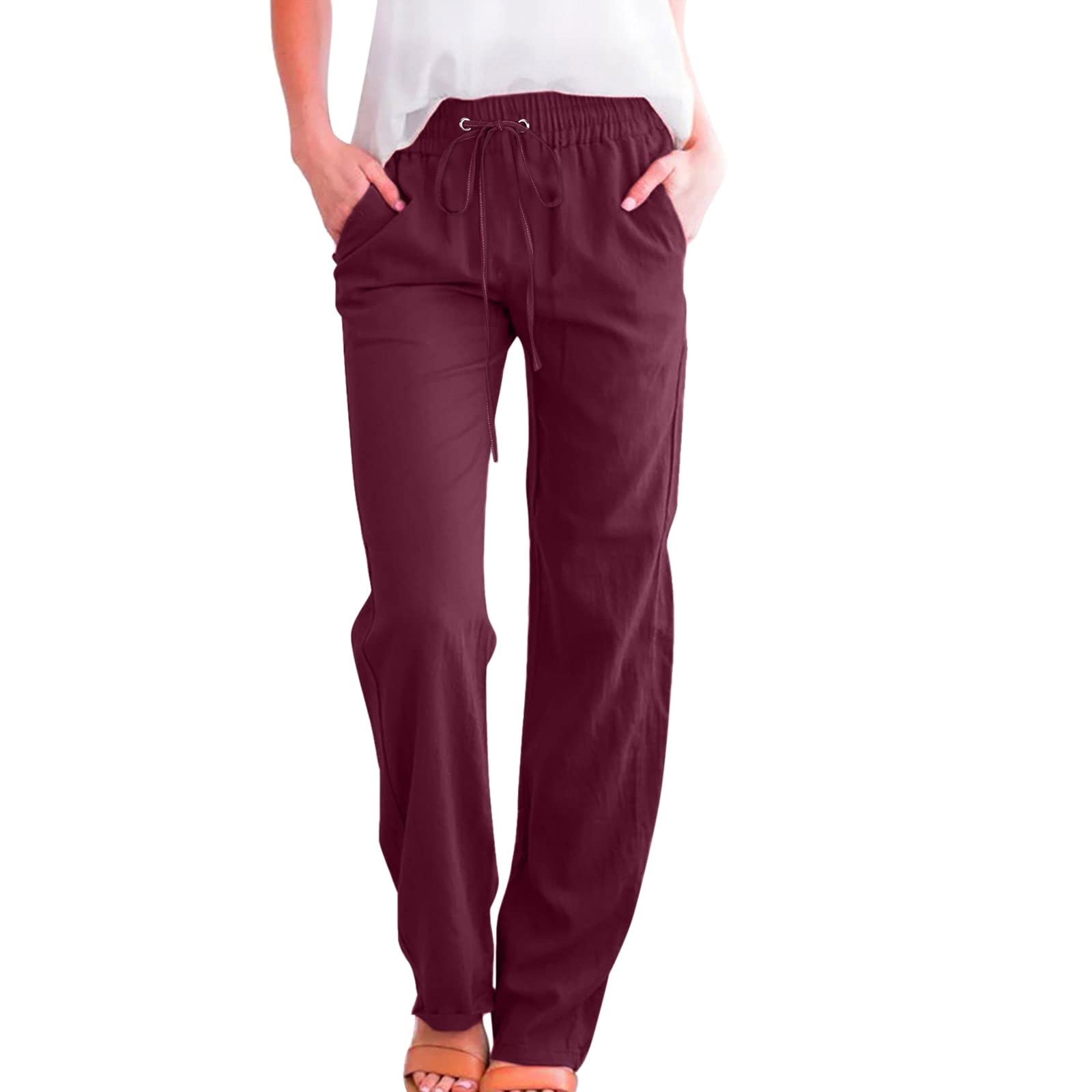 Trendy Women's High Waisted Wide Leg Pants - Stretchy Elastic Waist Business Trousers with Pockets for Work & Office Wear | Comfortable Professional Attire for Women