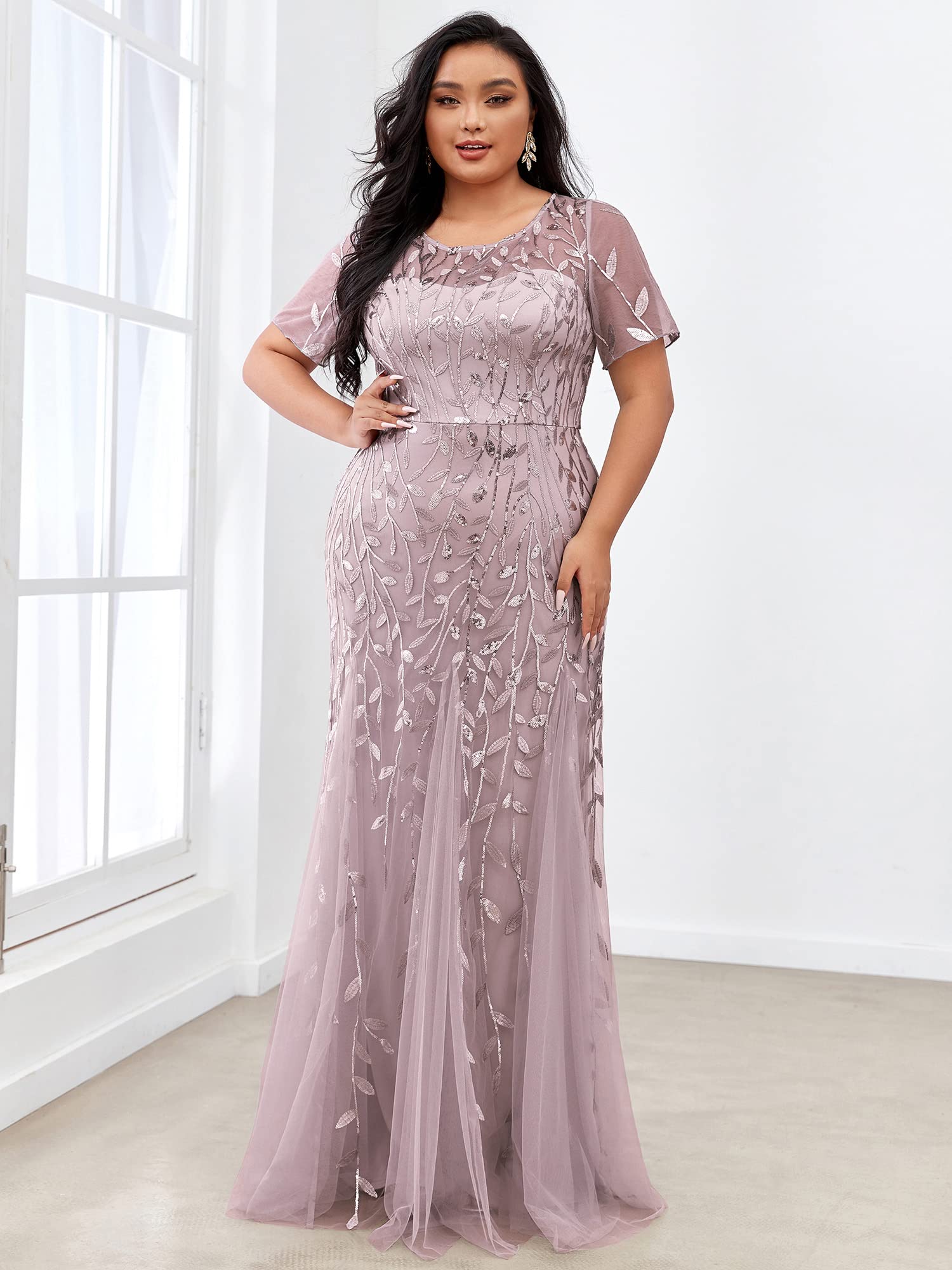 Ever-Pretty Women's Plus Size Formal Dress with Embroidery & Sequin Details, Short Sleeve Bodycon Maxi Dress 07707-PZUSA - Perfect for Evening Parties, Weddings & Special Occasions