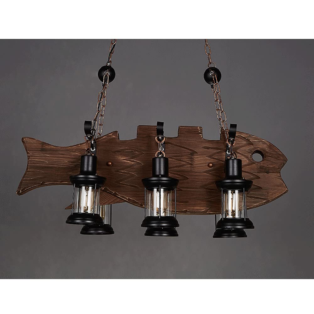 LITFAD 6-Light Wooden Fish Shaped Pendant Chandelier - Industrial Retro Coastal Style with Lantern Shade for Dining Room, Restaurant, Bar & Kitchen Island Lighting | Perfect for Coastal Decor, Farmhouse Dining, and Commercial Spaces