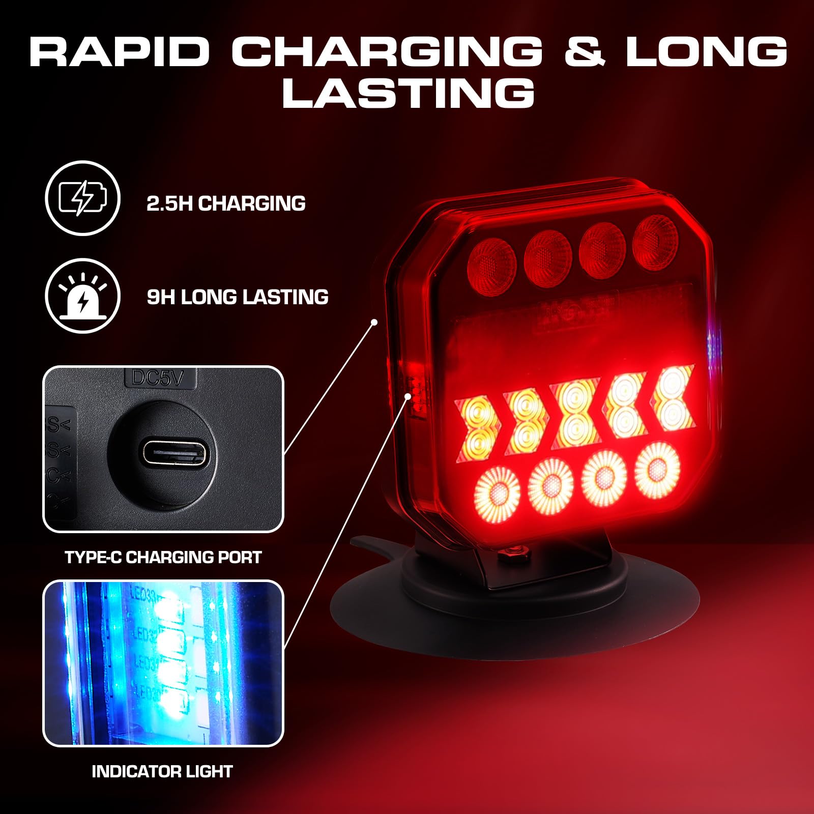 USB-C Magnetic Wireless Trailer Lights - Adjustable Rechargeable Towing Light Kit with Powerful Suction Base & Retroreflectors for Trucks, Boats, RVs, Vehicles & Caravans | Perfect for Night Towing, Camping & Roadside Safety