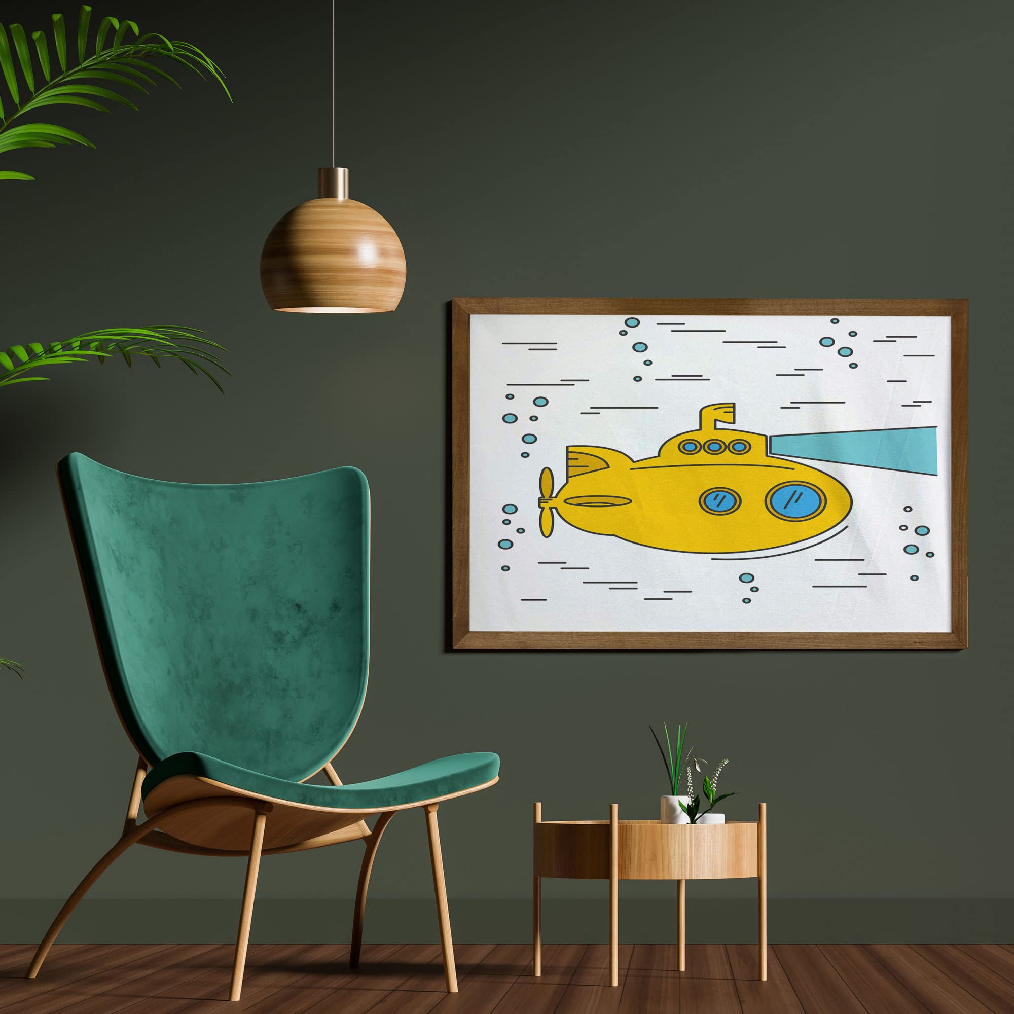 Ambesonne Yellow Submarine Framed Wall Art - Ocean Nautical Adventure Underwater Bubbles Porthole Cartoon Print - Teak Wood Frame Fabric Decor for Living Room, Bedroom & Dorm (35x23 Inches, White Yellow Blue)
