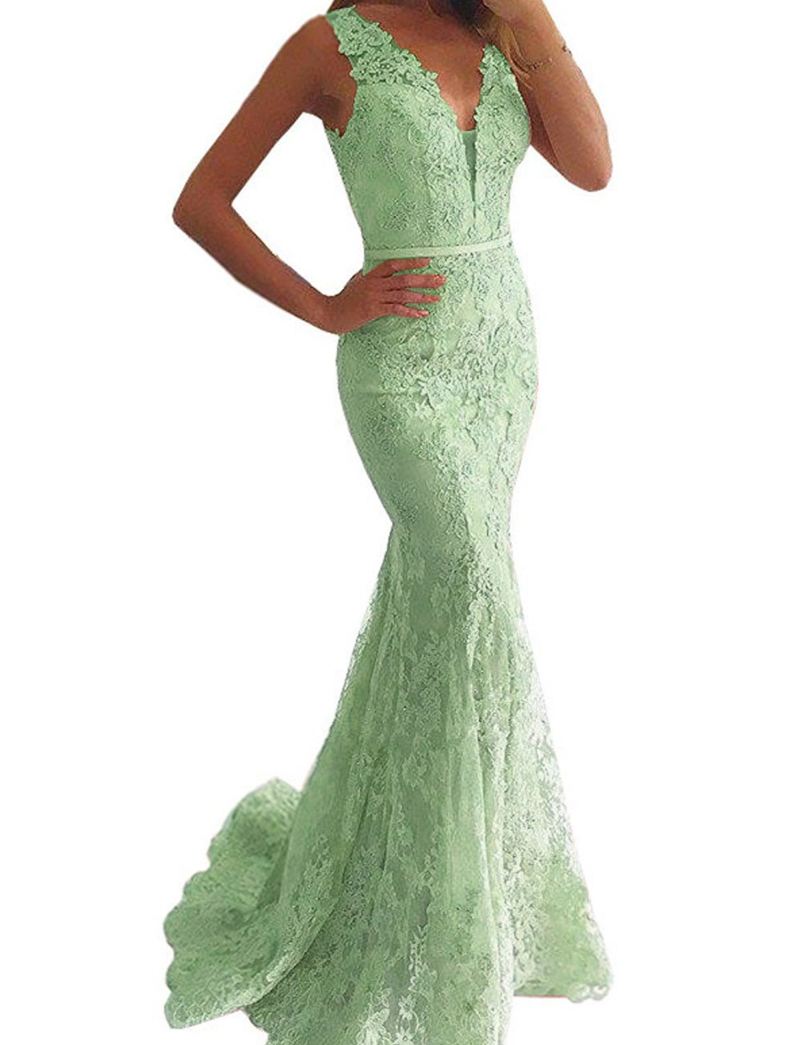 OYISHA Women's Lace Mermaid Prom Dress - Long V Neck Evening Gown for Formal Parties, Homecoming, Wedding Guest & Special Occasions
