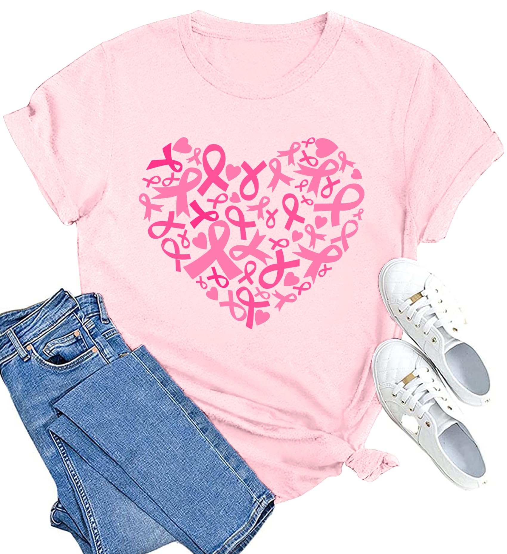 MAIHUN Women's Pink Ribbon Breast Cancer Awareness T-Shirt - Supportive Heart Design Tee for Survivors, Fundraisers & Awareness Events