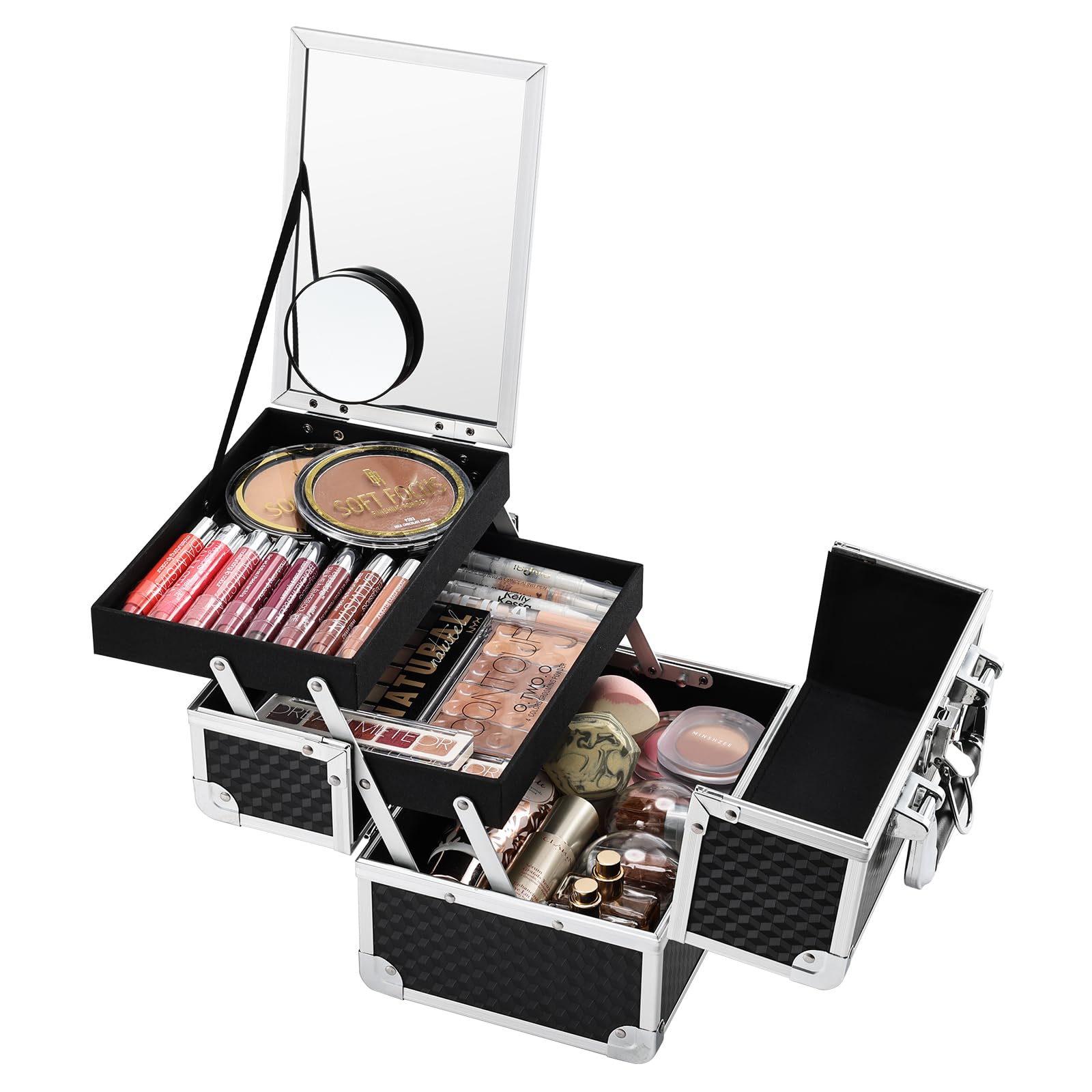 Joligrace Professional Makeup Train Case with 2 Trays & Key Lock - Portable Cosmetic & Jewelry Organizer with Mirror, Travel Storage Box (Modern Black) - Perfect for Travel, Salon, Home & Professional Makeup Artists