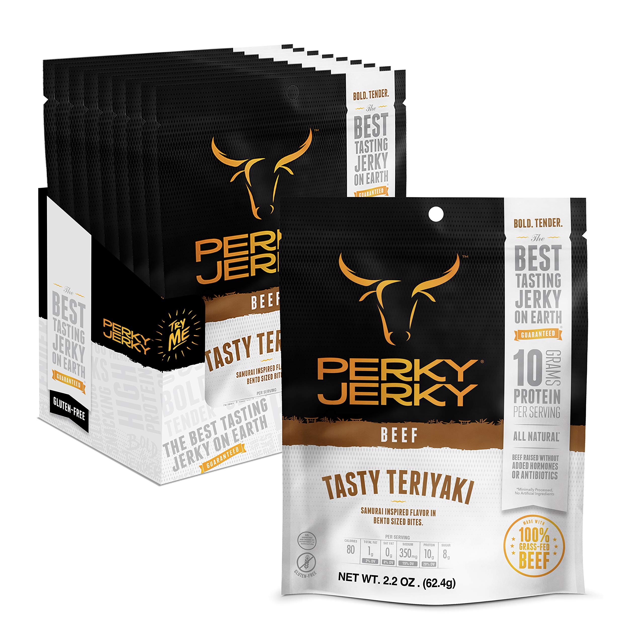 Perky Jerky Tasty Teriyaki 100% Grass Fed Beef Jerky - 2.2oz (Pack of 12) | Antibiotic Free, High Protein (10g per Serving), Low Fat, Tender Texture | Perfect for Hiking, Camping & Healthy Snacking