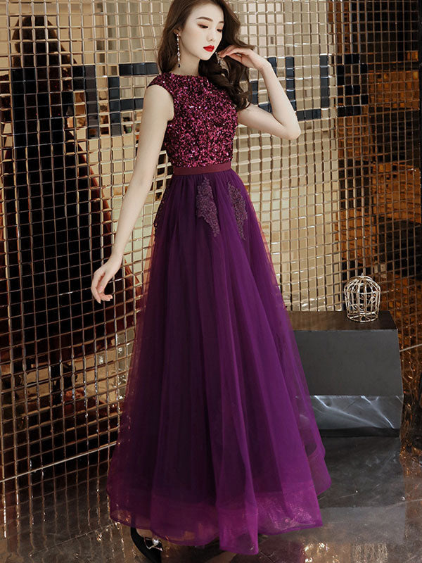 Elegant Purple Sequined A-Line Tulle Evening Gown for Women - Perfect for Prom, Party, Wedding & Formal Events