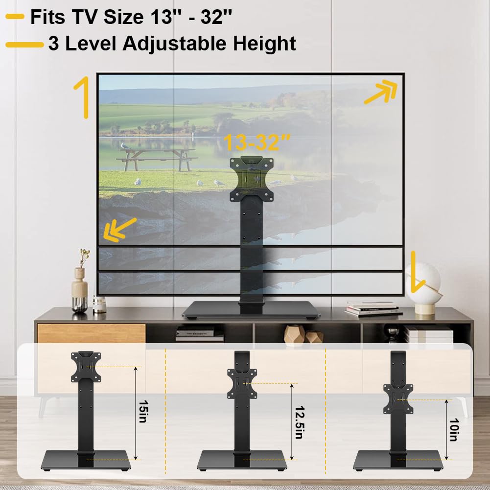 Universal TV Stand for 13-32 Inch LED LCD TVs - Height Adjustable Swivel TV Mount with Tempered Glass Base (Max VESA 100x100mm) - Perfect for Living Rooms, Bedrooms & Offices