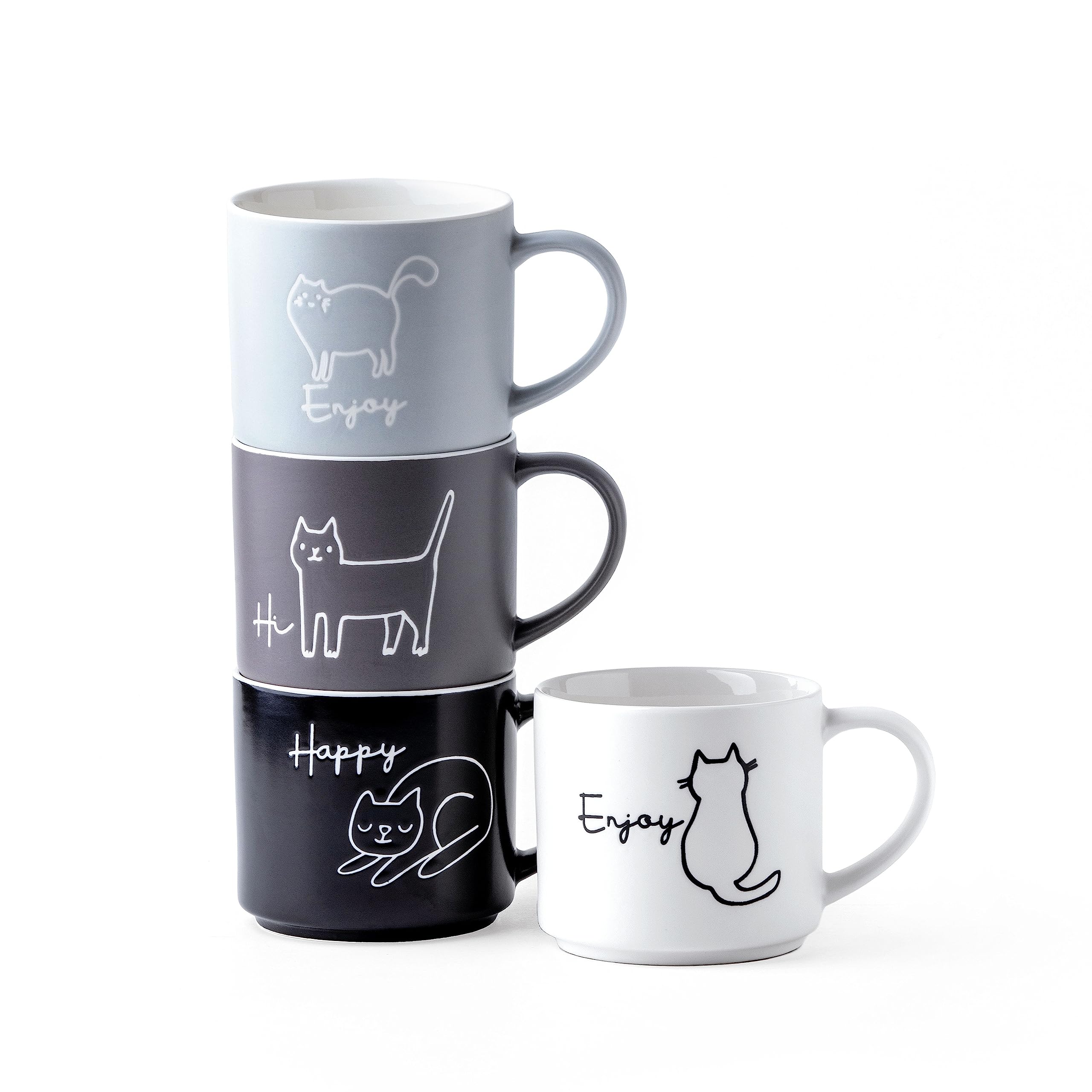 Divitis Home 18oz Stackable Coffee Mugs Set of 4 - Premium Bone China Tea & Coffee Cups for Home, Office, or Gifts (Kitten Design) - Perfect for Morning Coffee, Afternoon Tea, or Decorating Your Kitchen