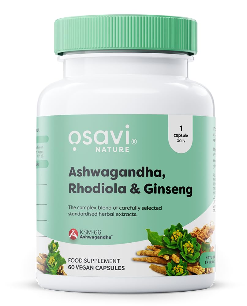 Organic Ashwagandha + Rhodiola & Ginseng Supplement - 60 Vegan Capsules for Stress Relief, Energy Boost & Immune Support - Perfect for Daily Wellness & Workout Recovery