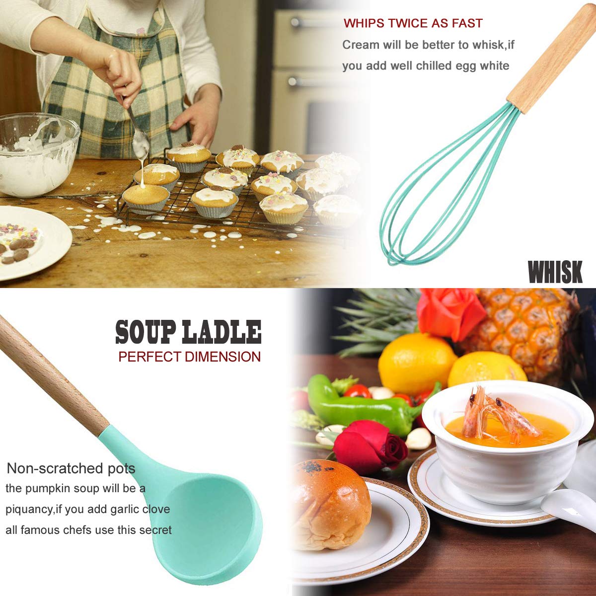 27-Piece Non-Stick Silicone Cooking Utensil Set with Wooden Handle & Holder - Heat Resistant Kitchen Tools for Baking, Frying & Cooking - Perfect for Home Chefs & Professional Kitchens