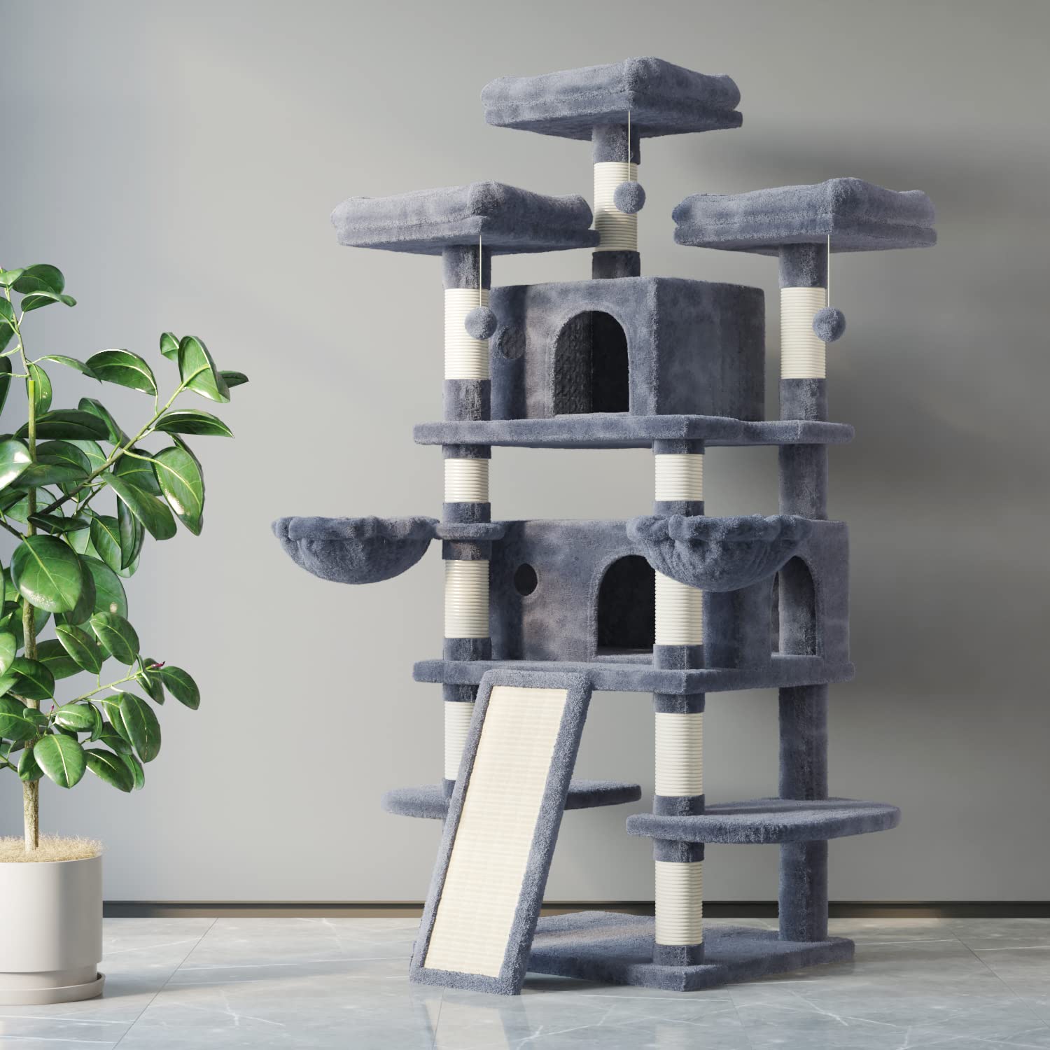 Large Cat Tree for Big Cats - Multi-Level Cat Tower with Condo, Plush Perches, Sisal Scratching Posts & Hammocks - 68 Inch Tall Cat Activity Center Playhouse (Blue) - Perfect for Indoor Cats & Multi-Cat Households