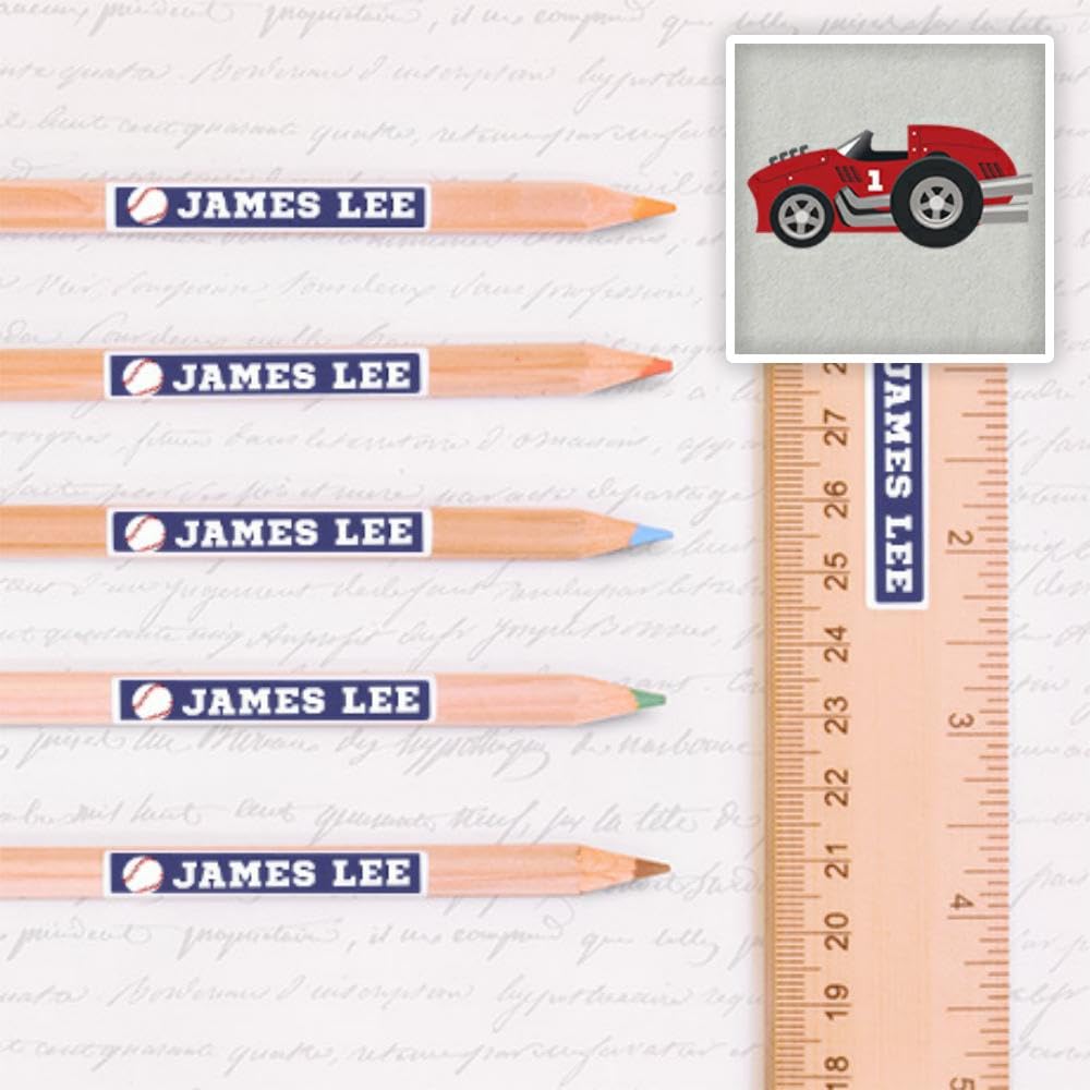 Peel & Stick Waterproof Name Labels - 80 Durable Personalized Skinny Stickers for Kids, Racecar Themed - Perfect for School Supplies, Lunch Boxes & Toy Organization