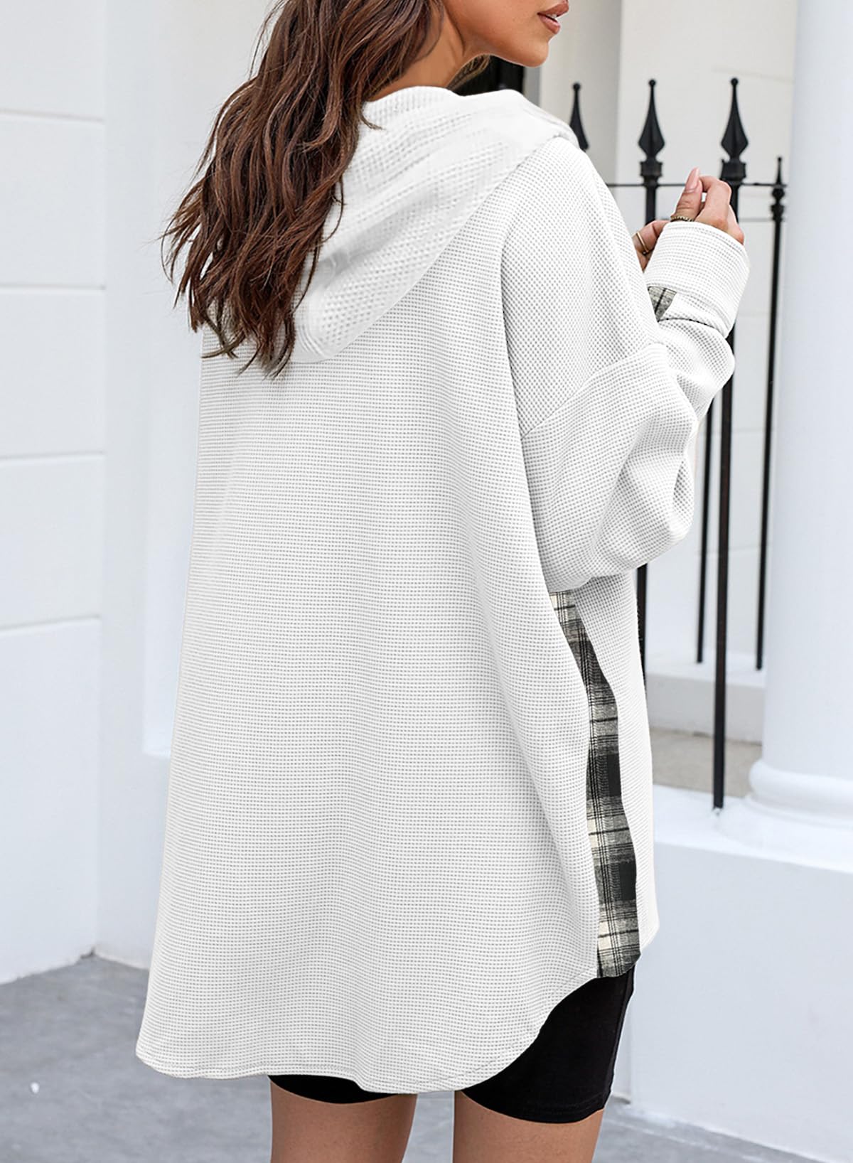 SHEWIN Women's Waffle Knit Plaid Shacket - Oversized Boyfriend Button Down Shirt with Hood, Long Sleeve Loose Fit Top | Casual Fall Outerwear, Layering Piece for Street Style & Cozy Loungewear