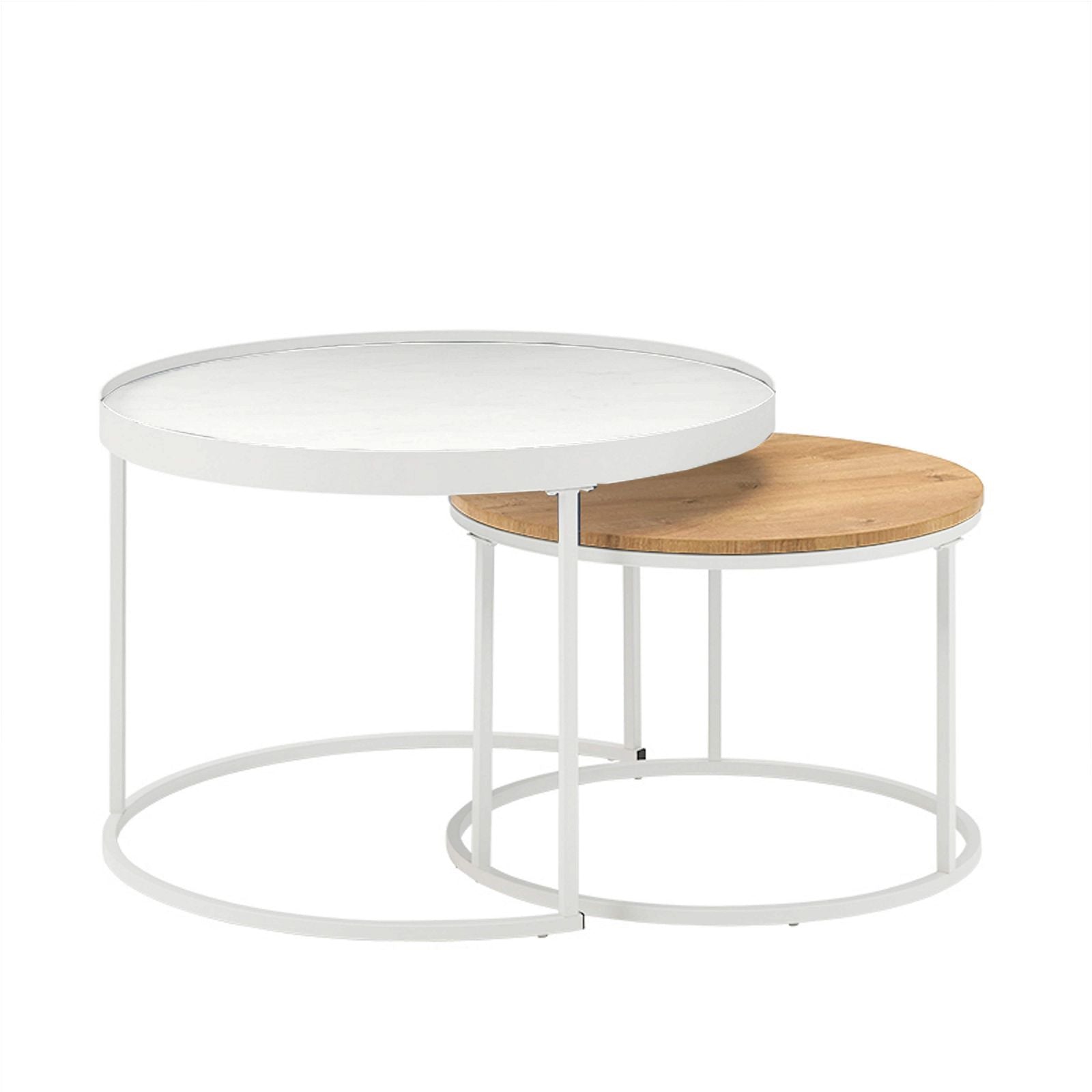 Modern Nested Coffee Table Set - White Marble Look Top with English Oak Base & White Frame - Perfect for Living Room, Lounge & Small Spaces - Urban Style Contemporary Furniture
