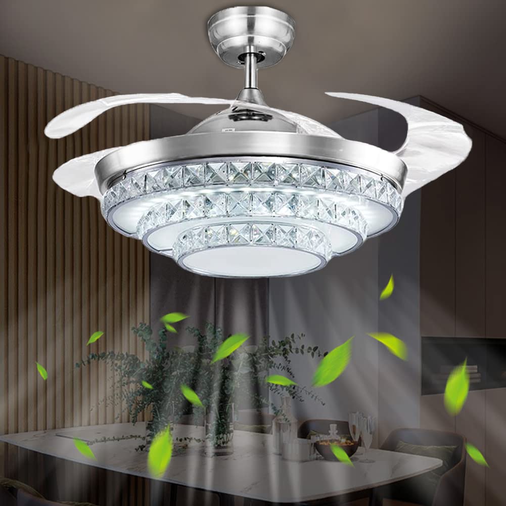 42 Inch Crystal Ceiling Fan with Light and Remote Control - Modern LED Chandelier Fan with Retractable Blades for Dining Room, Living Room, Bedroom - Silver Finish - Energy Efficient & Quiet Operation