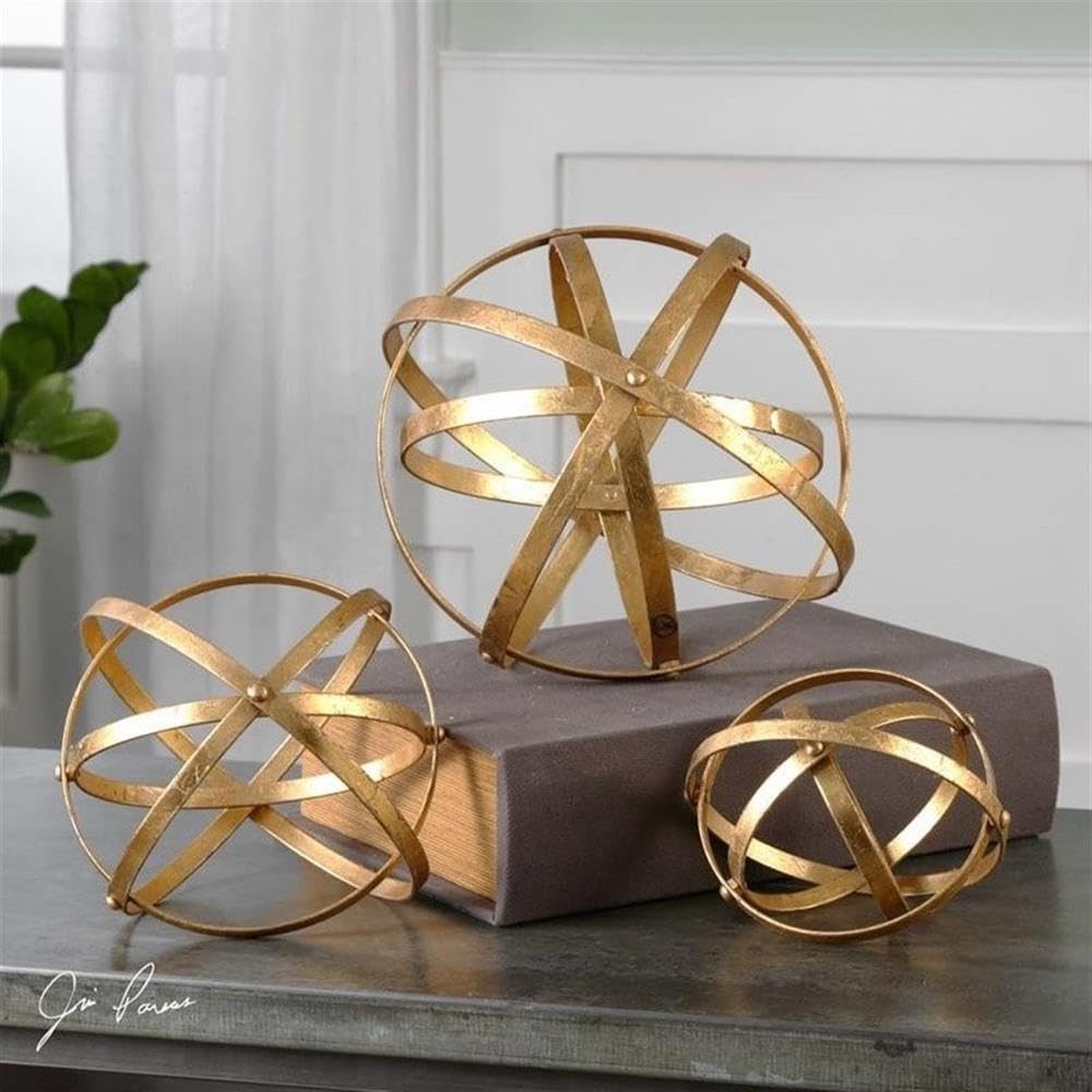 BOWERY HILL Modern Iron Gold Sphere Decor Set of 3 - Elegant Home & Office Tabletop Decor for Living Room, Bedroom, or Desk Accessories