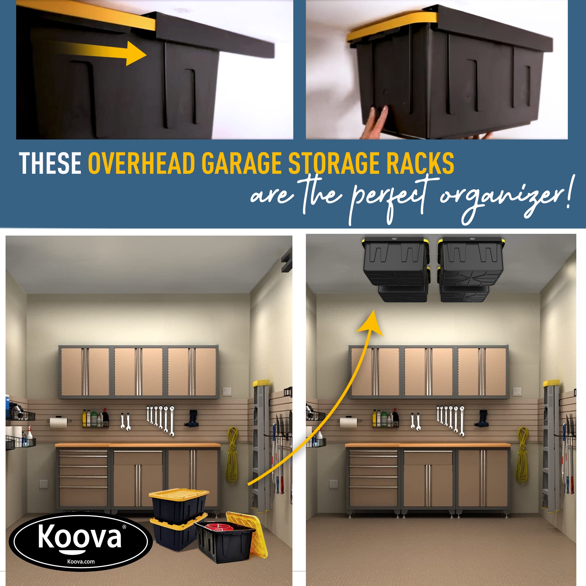Koova Overhead Garage Storage Rack - Adjustable Ceiling Mount Organizer for 4 Black/Yellow Bins | Heavy Duty Shelving Solution for Garage, Basement & Attic Organization | Space Saving Home Storage System