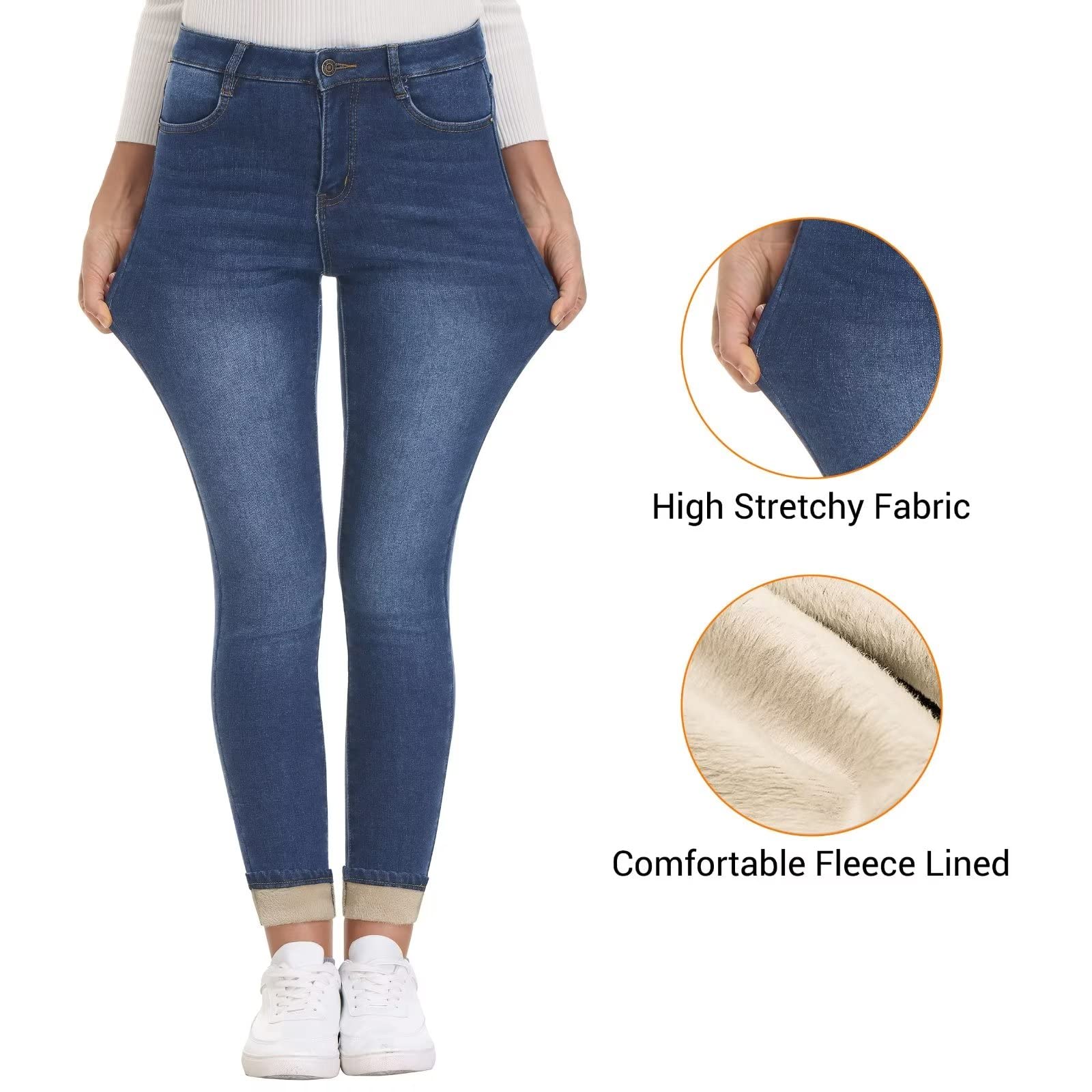 KDF Women's Brown Fleece Lined Winter Jeans - Warm & Comfortable Cold Weather Pants for Outdoor Activities, Snow Days & Casual Winter Wear