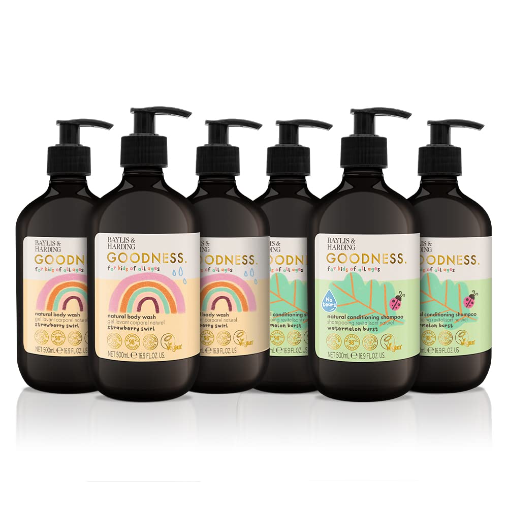 Baylis & Harding Goodness Kids Shampoo & Body Wash Bundle - 6 x 500ml Vegan Toiletries Set for Boys & Girls | Gentle Hair & Skin Care for Daily Bath Time & Sensitive Skin