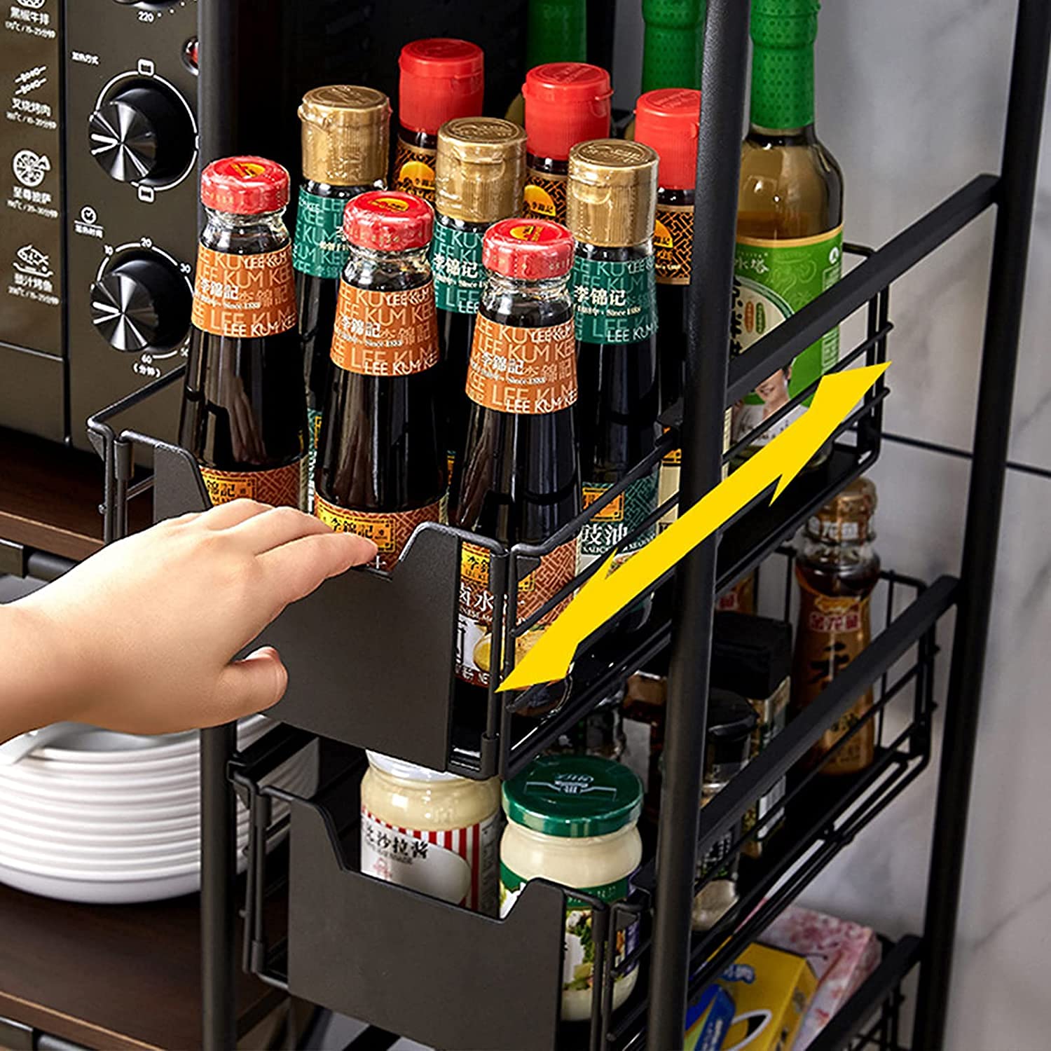4-Tier Metal Kitchen Baker Rack with Spice Storage - Heavy Duty Microwave Oven Stand for Small Spaces, Countertop Organizer for Baking Supplies, Spices & Kitchen Utensils - Perfect for Apartments, Dorms & Compact Kitchens