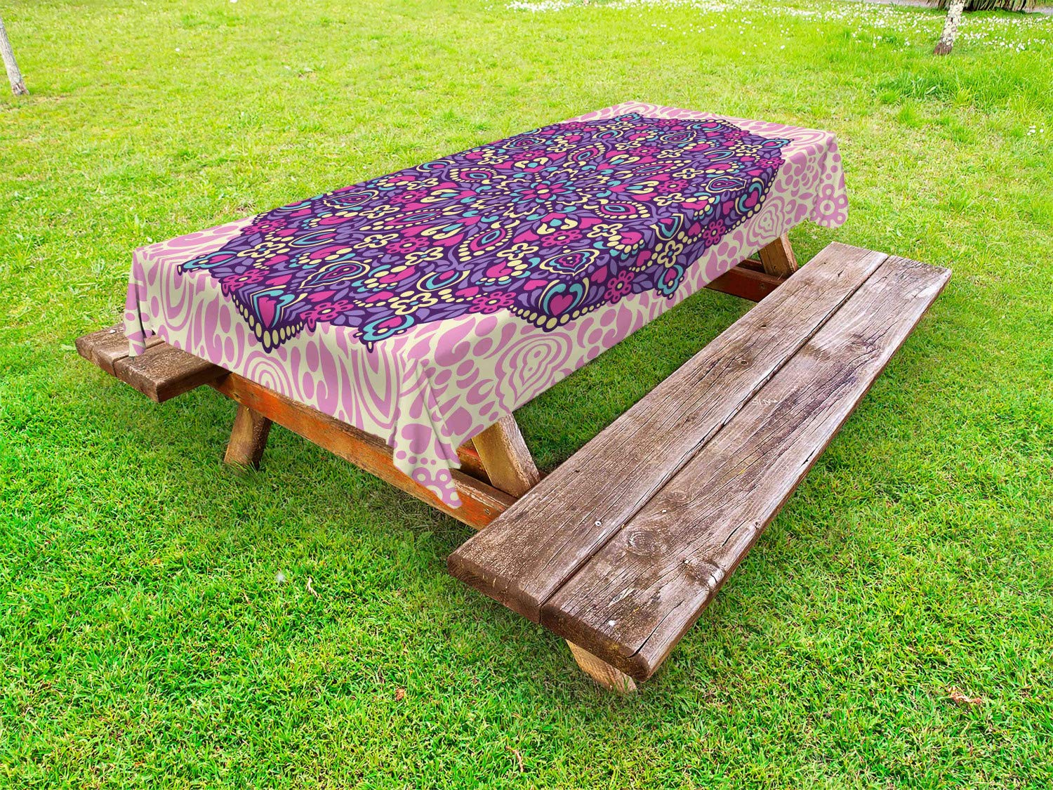 Ambesonne Purple Mandala Outdoor Tablecloth - Waterproof Washable Picnic Table Cover 58