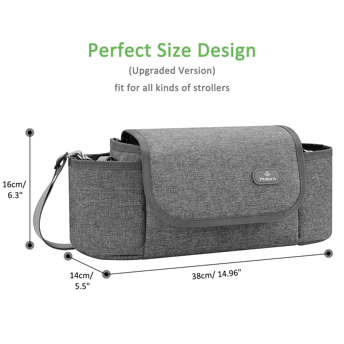 PHILORN Universal Stroller Organizer Bag with Insulated Cup Holder - Grey Stroller Caddy with Detachable Shoulder Strap & Large Storage Space | Perfect for Diapers, Toys & Snacks on the Go