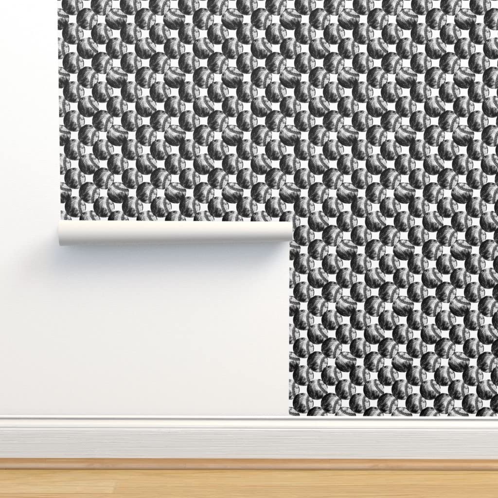 Vintage Baseballs Removable Wallpaper 3ft x 2ft - Antique Black & White Sports Team Design, Pre-Pasted Peel & Stick Wallpaper by Spoonflower - Perfect for Bedroom, Nursery, Office & Home Decor