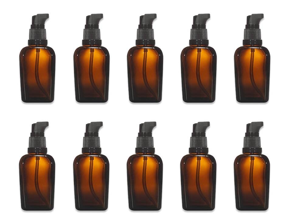 Pharcos 10-Pack 30ml Square Amber Glass Bottles with Black Cream Lotion Pump - Refillable Travel Containers for Face Cream, Makeup, Toner, Cleanser & Toiletries | Perfect for Home, Salon & On-the-Go Skincare