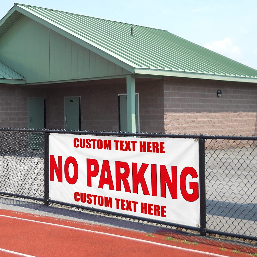No Parking Custom Vinyl Banner - 48x96 Inches, Weatherproof Outdoor Sign with 8 Grommets for Industrial & Yard Use | Personalized Text Available | Multiple Sizes for Driveway, Construction Site & Business Parking