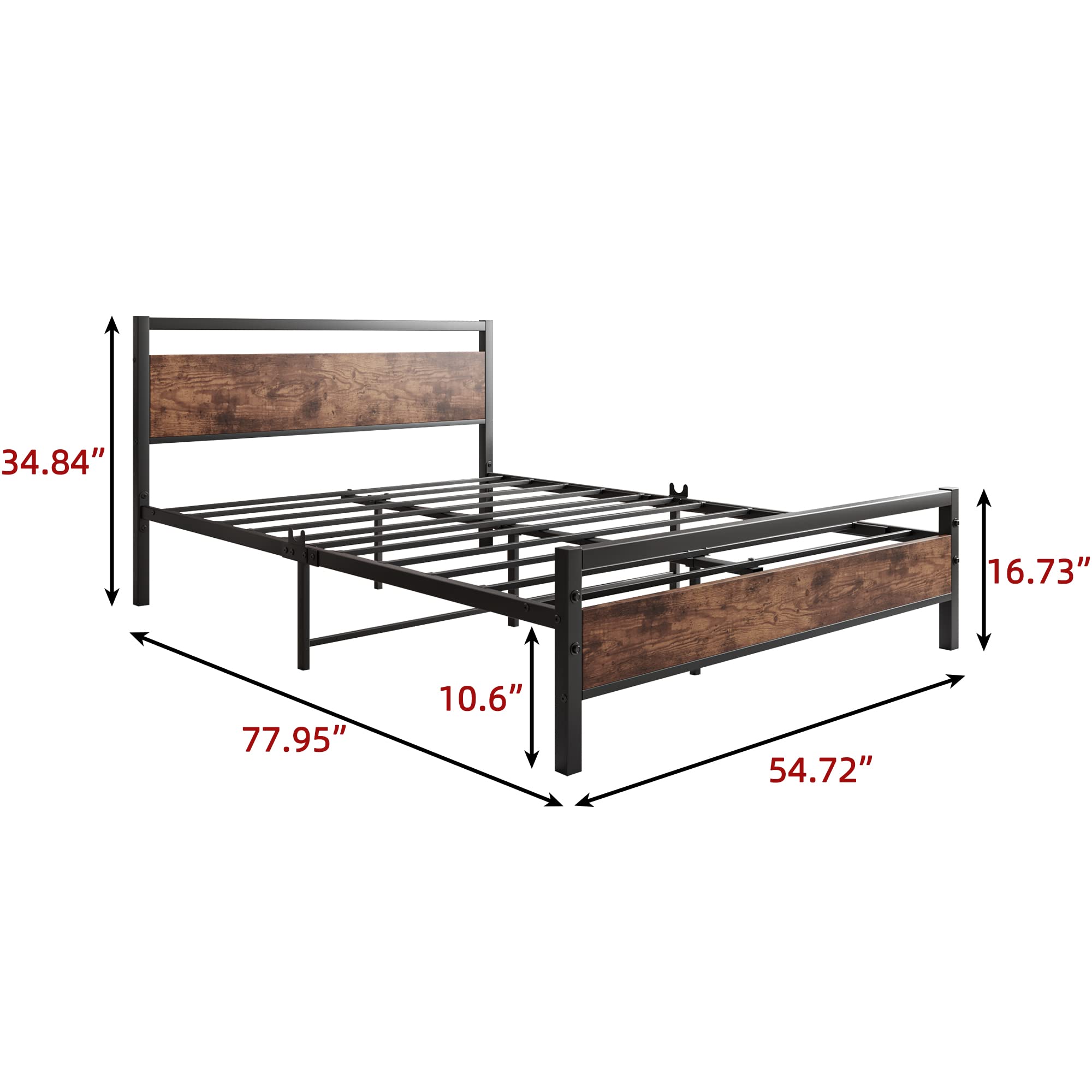 Full Size Bed Frame with Headboard - Heavy Duty Steel Platform Bed with Reinforced Square Tube & Strong Slats Support, No Box Spring Needed (Black/Rustic Brown) - Perfect for Master Bedrooms, Guest Rooms & Dormitories