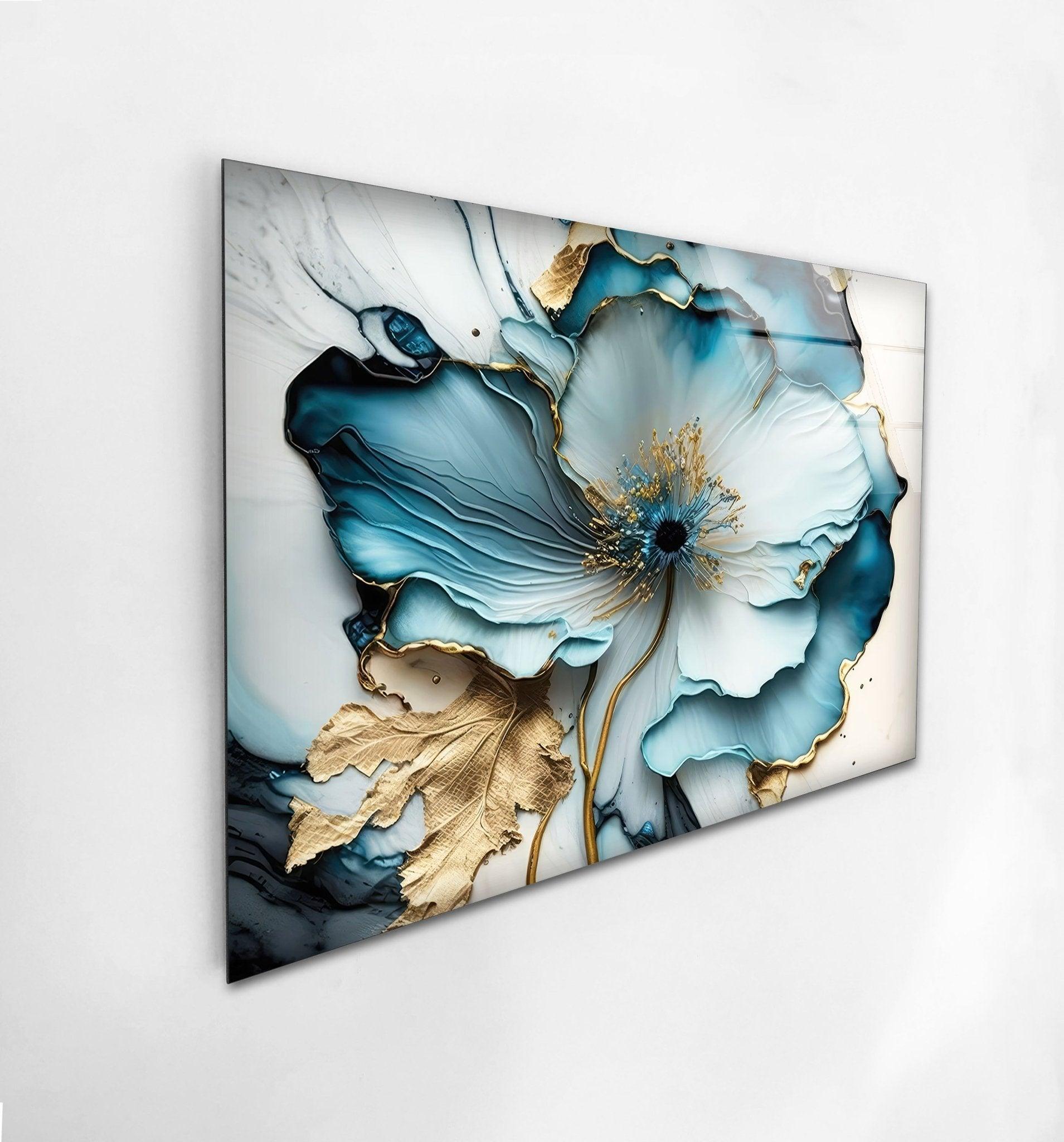 Abstract Blue Flower Glass Wall Art - Modern Handmade Decor for Living Room, Bedroom, Office - Elegant Home & Gift Idea for Housewarming, Wedding, Anniversary